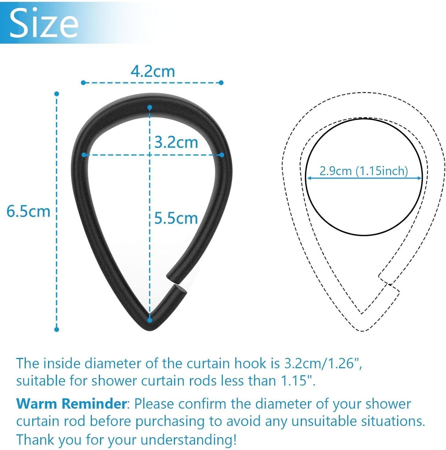 Top-spring Shower Curtain Hooks Black Plastic Shower Curtain Rings, Drop Shaped Shower Hooks for Curtain Bathroom Shower Rod - Set of 12