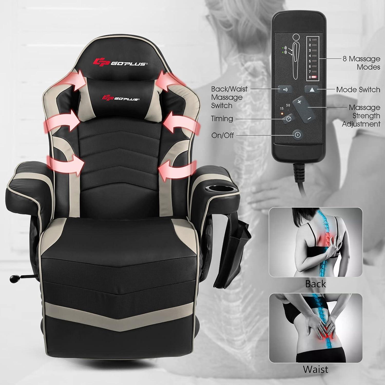 Costway Massage Gaming Recliner Reclining Racing Chair Swivel Gray