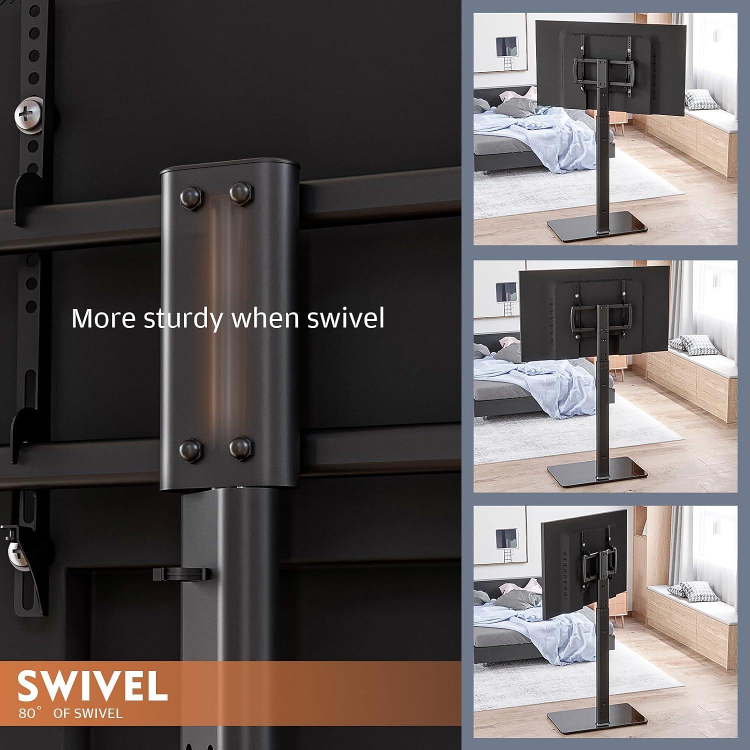 Hemudu Universal Floor TV Stand with Swivel Bracket and 2 Shelves, Black