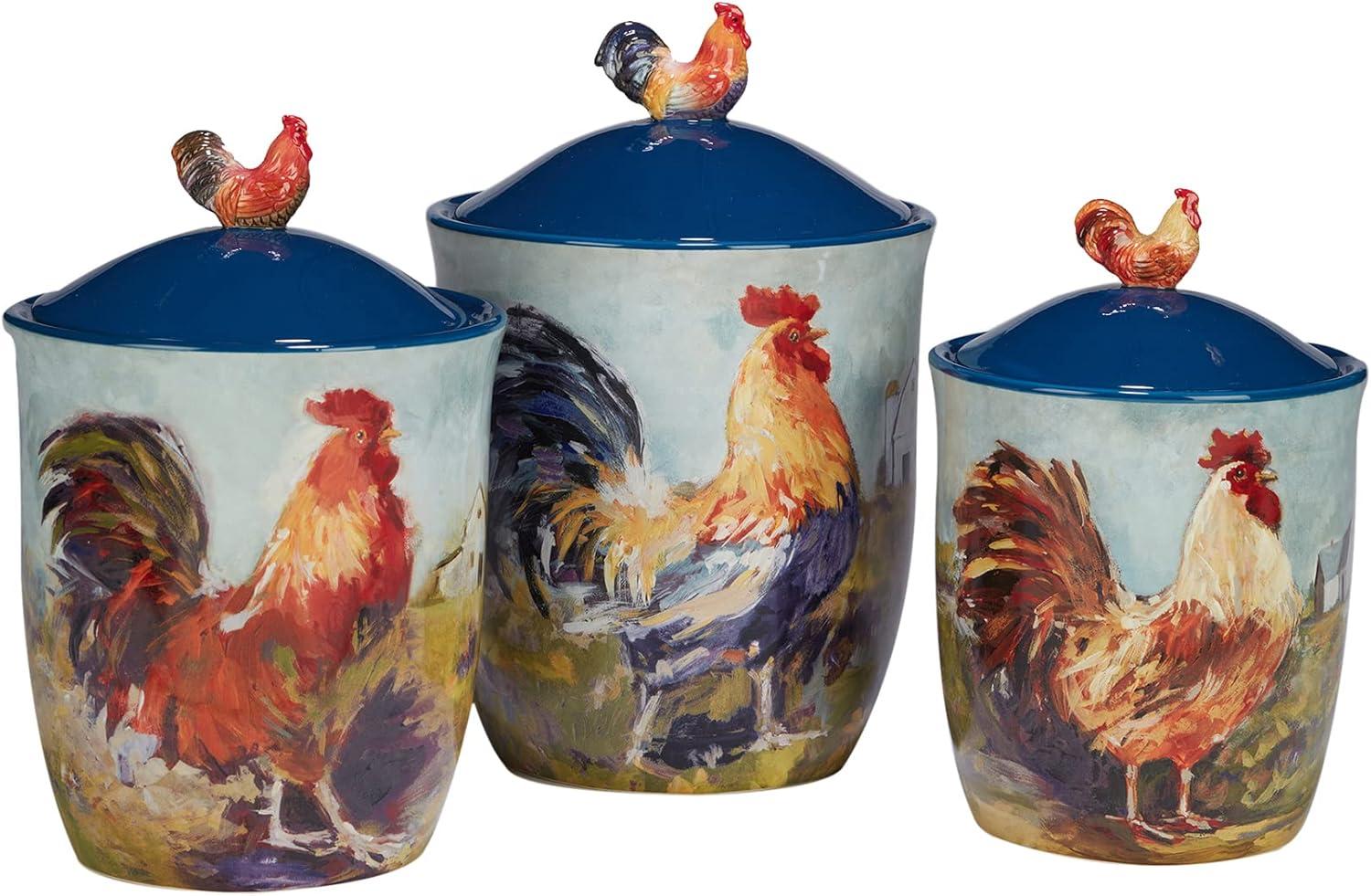 Blue Ceramic Rooster Meadow 3-Piece Canister Set