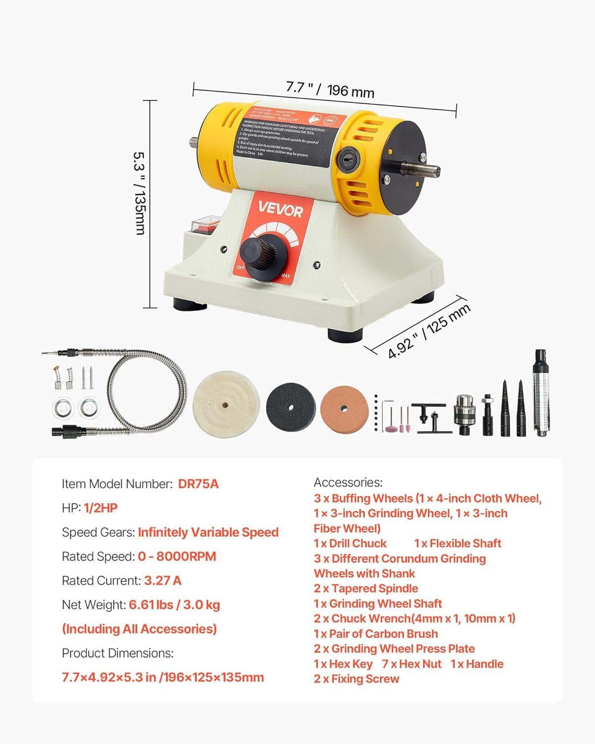 VEVOR Bench Buffer Polisher, 1/2HP Polishing Buffing Machine, 0 to 8000RPM Benchtop Polisher Grinder with 4" Cloth Wheel, 3" Grinding Wheel & 3" Fiber Wheel for Metal, Jewelry, Wood and Plastic