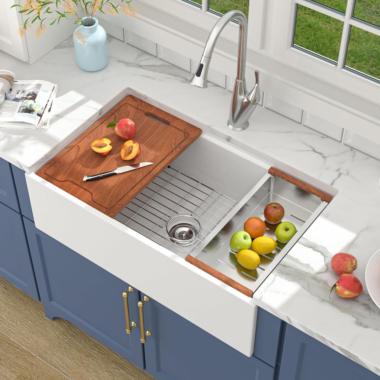 33"L x 20"W Farmhouse Kitchen Sink Deep Single Bowl Fireclay Workstation Sink with Cutting Board and Dish Drying Rack