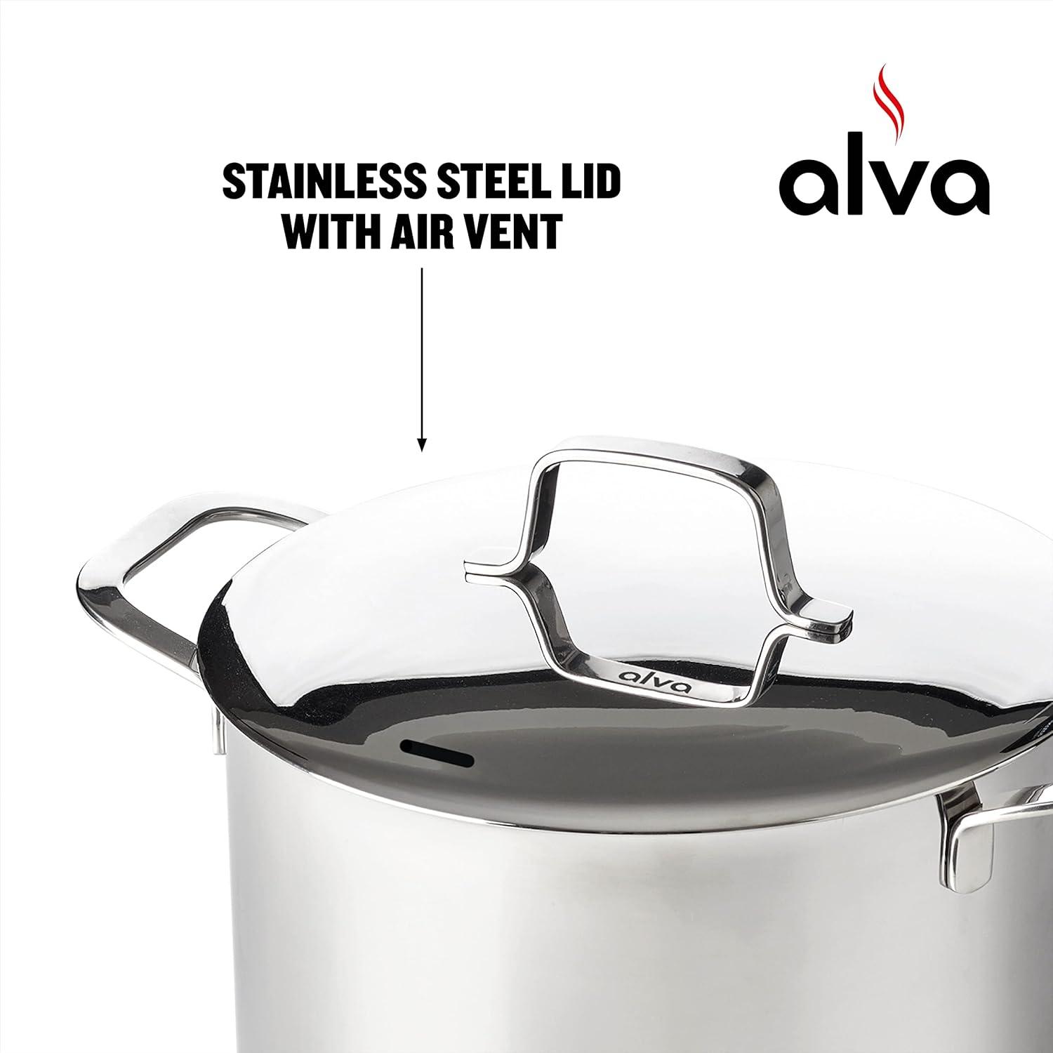 Alva Maestro 8 Qt. Stainless Steel Stock Pot with Lid Scratch Resistant Non-Toxic PFAS Free Compatible with All Stovetops Oven Safe & Induction Safe
