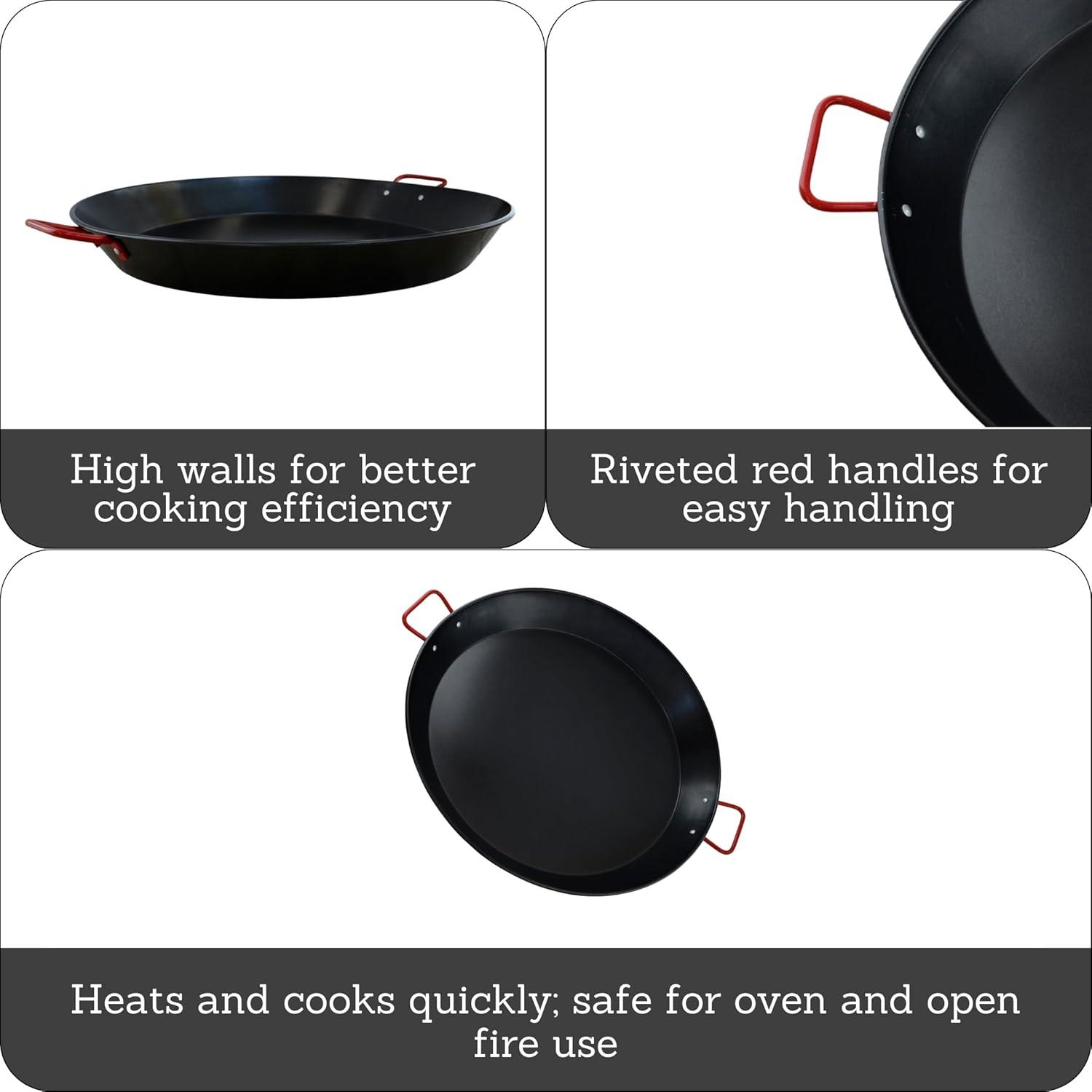 IMUSA 10" Coated Nonstick Paella Pan with Red Handles: Carbon Steel Cookware, Hand Wash, Gas & Electric Compatible