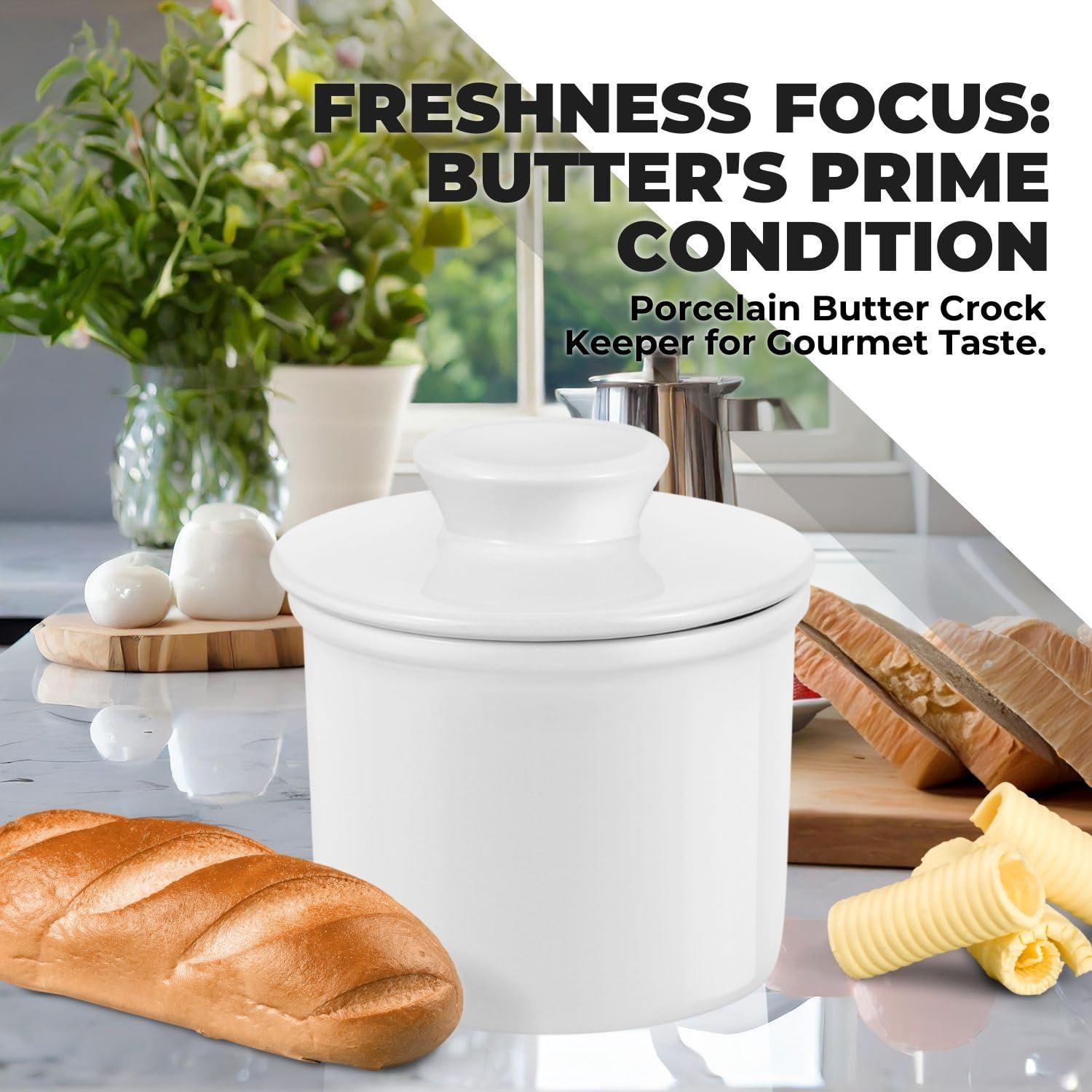 Flexzion Porcelain Butter Crock Butter Keeper, French Butter Dish Bell with Lid, Tabletop Spreadable Soft and Fresh Water Sealed Butter Holder Cafe Retro Collection Farmhouse Decor (White)