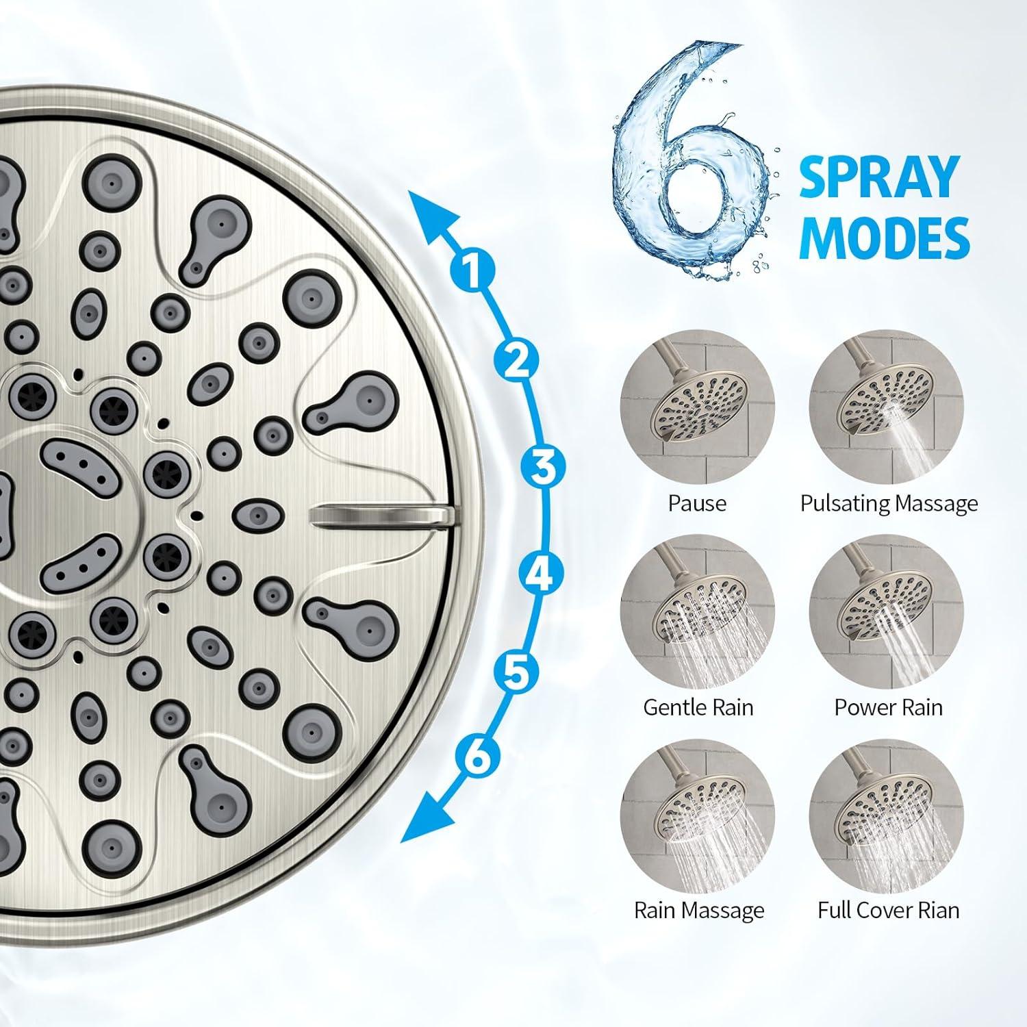 Brushed Nickel Shower Faucet Set, EMBATHER Shower Fixtures with 6 Inch Rainfall Shower Head, Single Handle Control Shower Valve and Trim Kit