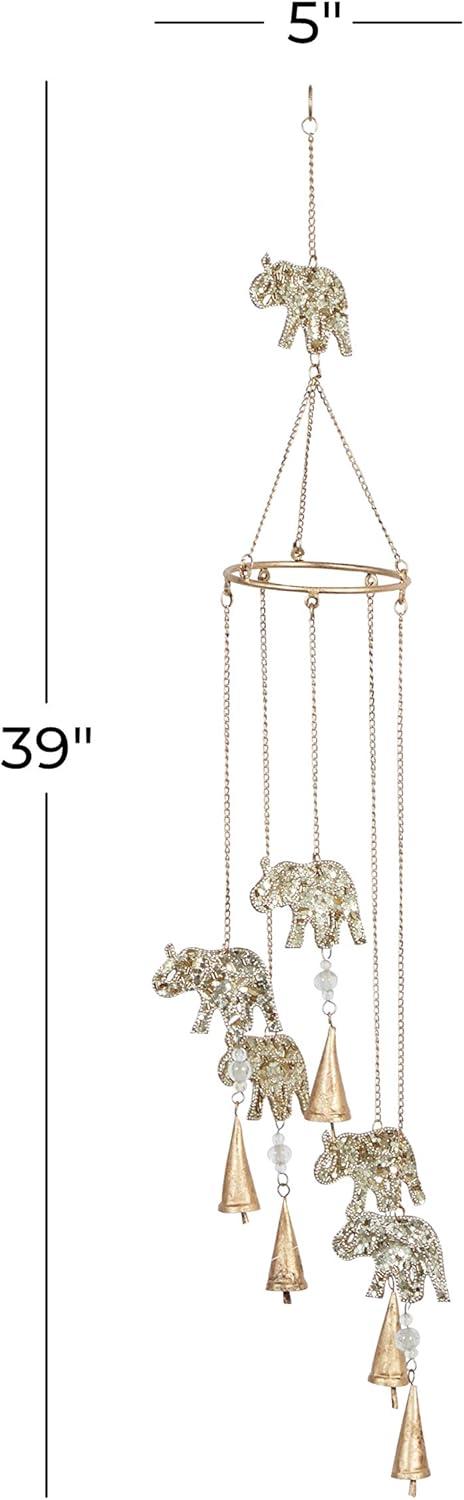 DecMode 39" Gold Metal Embellished Elephant Windchime with Glass Beads and Cone Bells