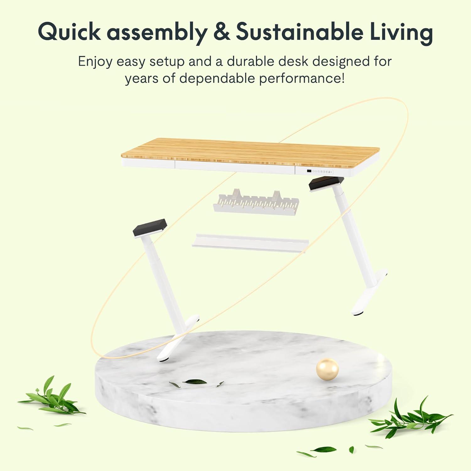 FLEXISPOT Q8 55" Bamboo Standing Desk, Dual Motor 3 Stages Adjustable Height Electric Computer Workstation w/Wireless Charging, Drawer, Quick Install, 220lbs Capacity (Bamboo Tabletop + White Frame)