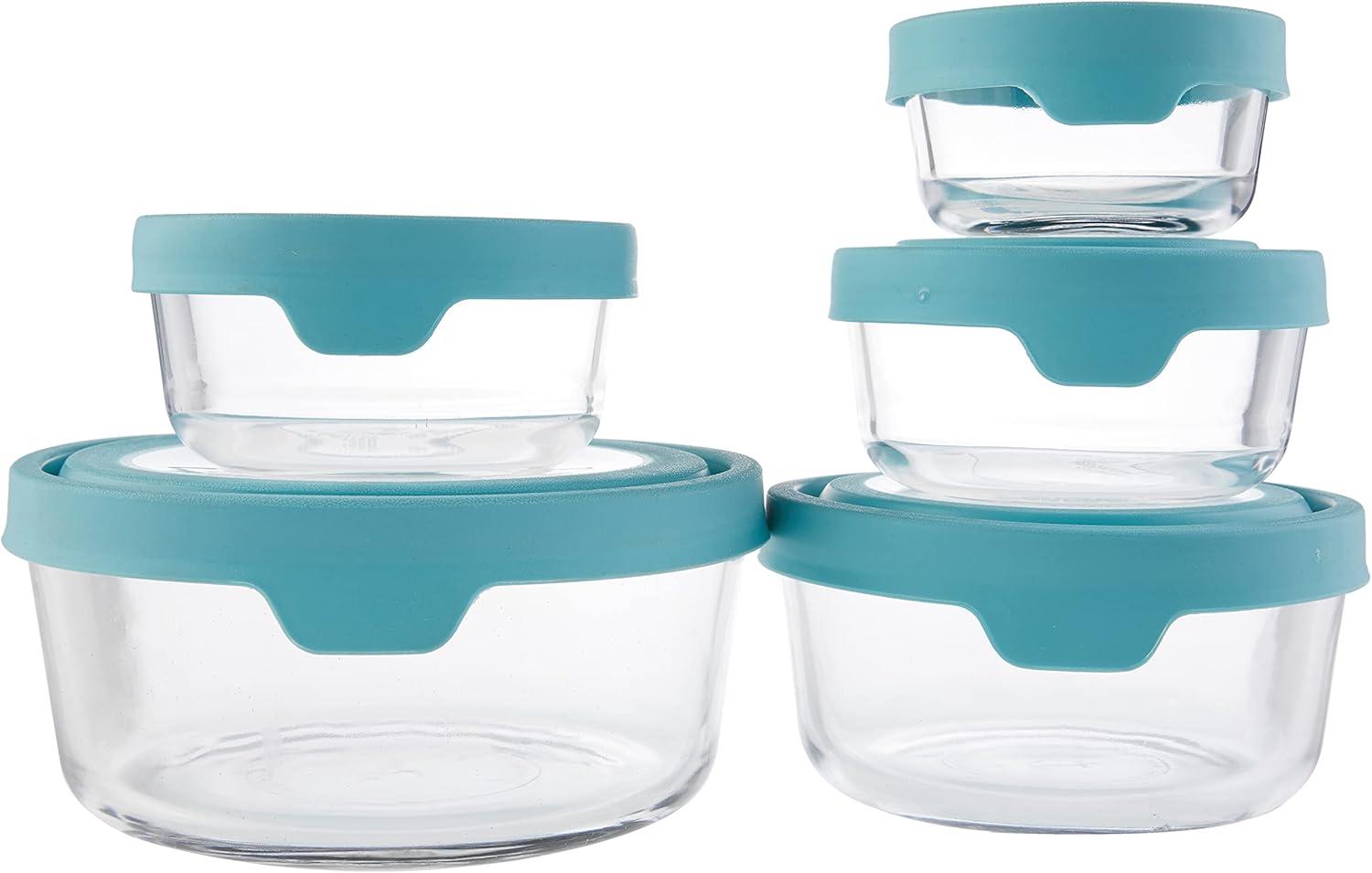 Anchor Hocking 13294AHG18 Trueseal Glass Food Storage with Mineral Blue Lids - 10 Piece Set