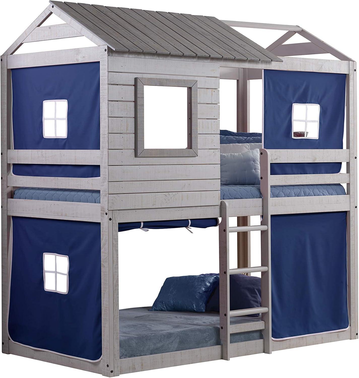 Donco Kids Deer Blind Twin Over Twin Rustic Grey House Bunkbed With Blue Tent