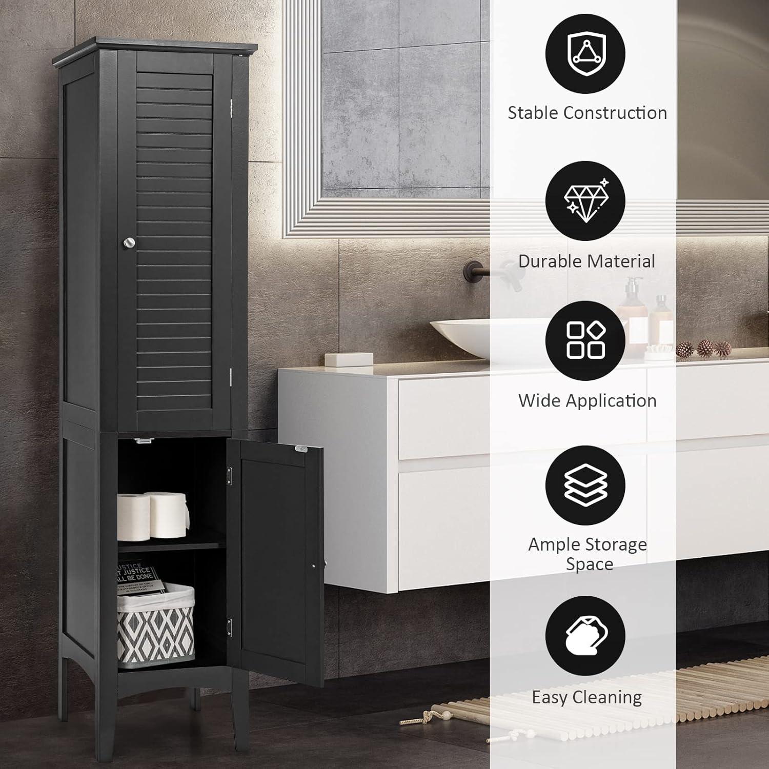 5 Tier  Freestanding Tower Cabinet Tall Bathroom Storage Cabinet Black