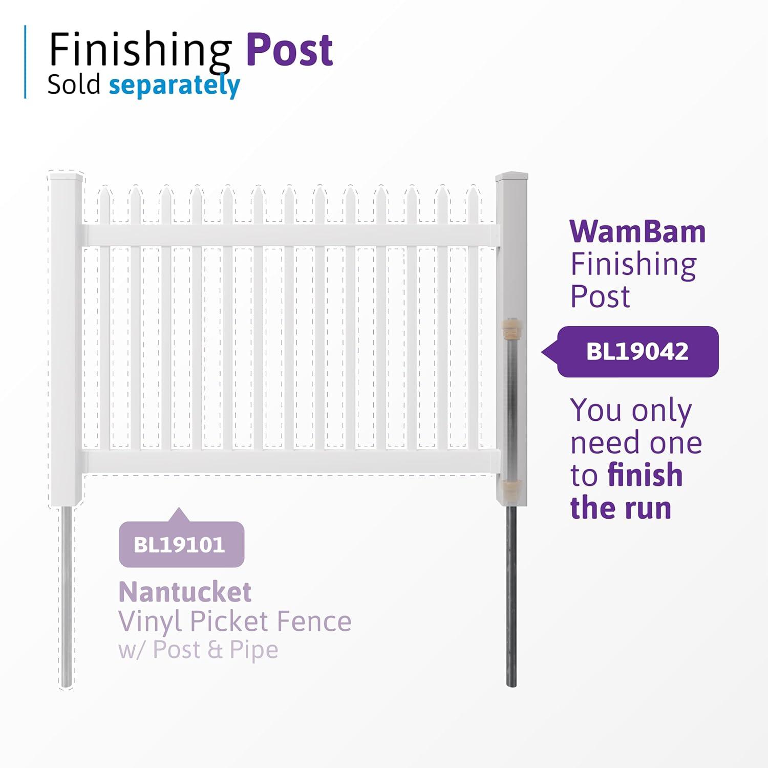 WamBam No-Dig Fence 4ft H x 6ft W (1 Panel + 1 Post) No Dig WamBam Nantucket Fence Kit, White Vinyl Picket Fence Panel, Easy DIY Installation Fence Panel Kit, Durable Outdoor Fence for Yard or Garden, BL19101