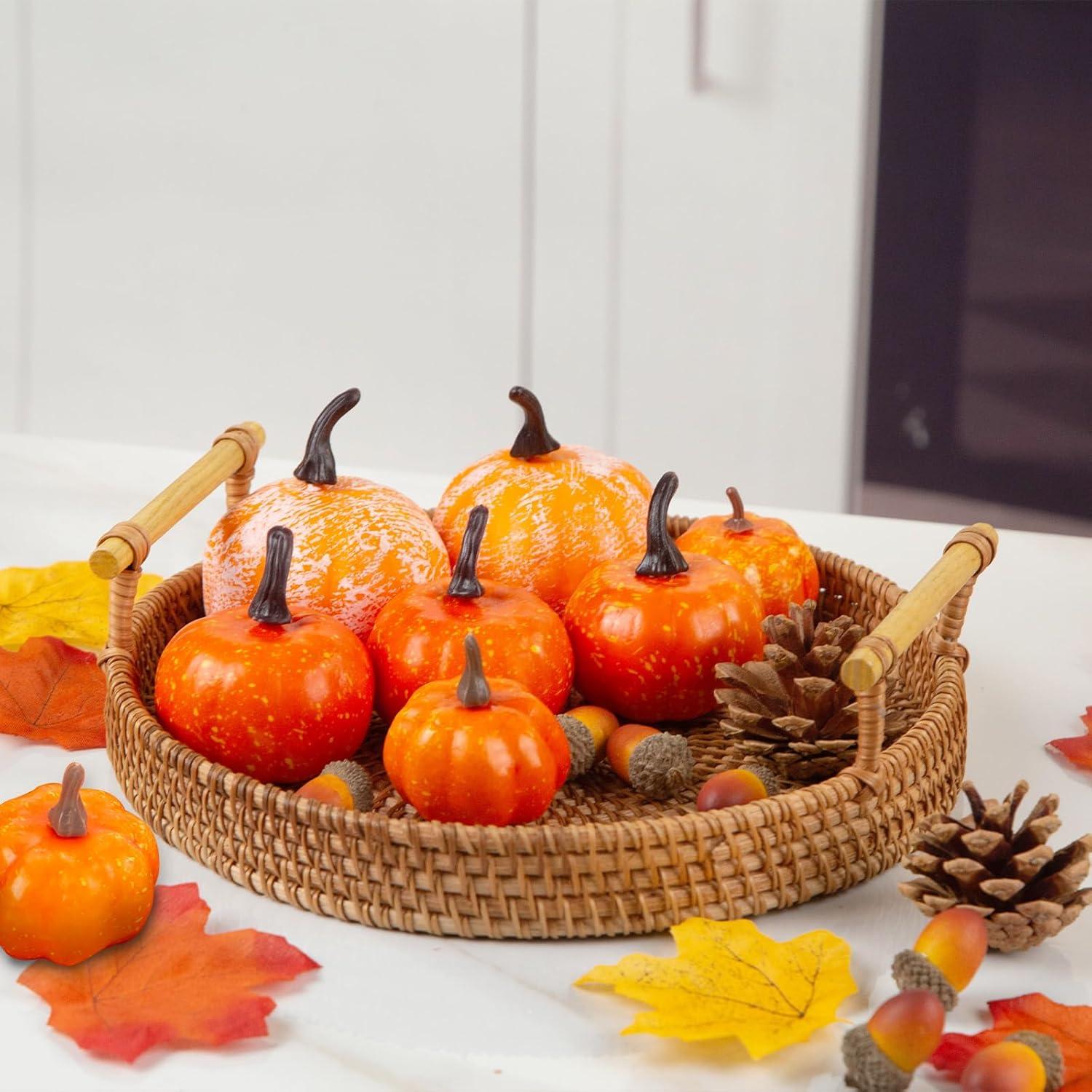 HANSGO Decorative Pumpkins, Artificial Pumpkins Fake Pumpkin Thanksgiving Decoration Pumpkins with Gourds and Maple Leaves Harvest Pumpkin Centerpiece for Table