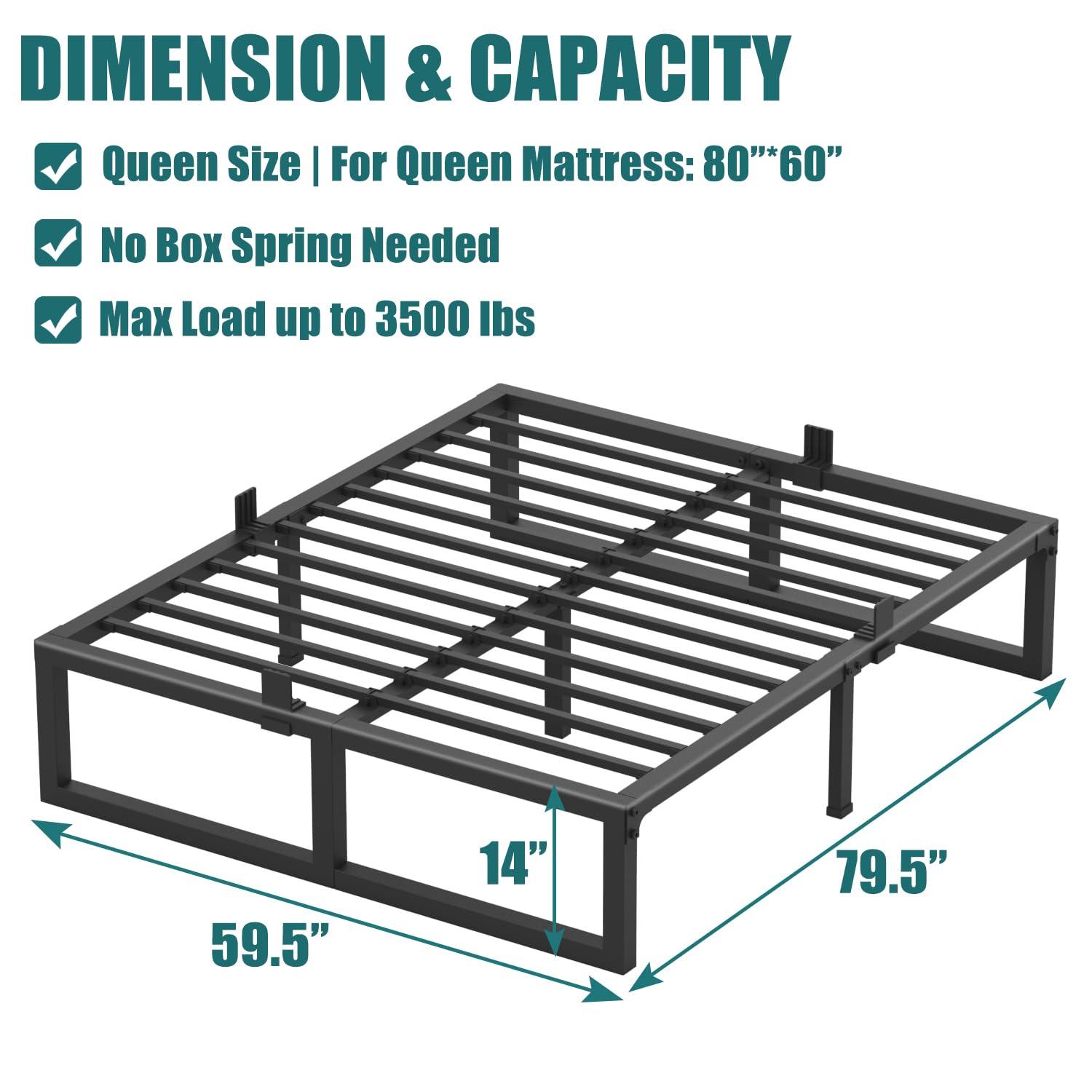 14 Inch Queen Bed Frame,3500 lbs Heavy Duty Metal Platform, Steel Slats Support/No Box Spring Needed/Noise Free/Non-Slip/Easy Assembly