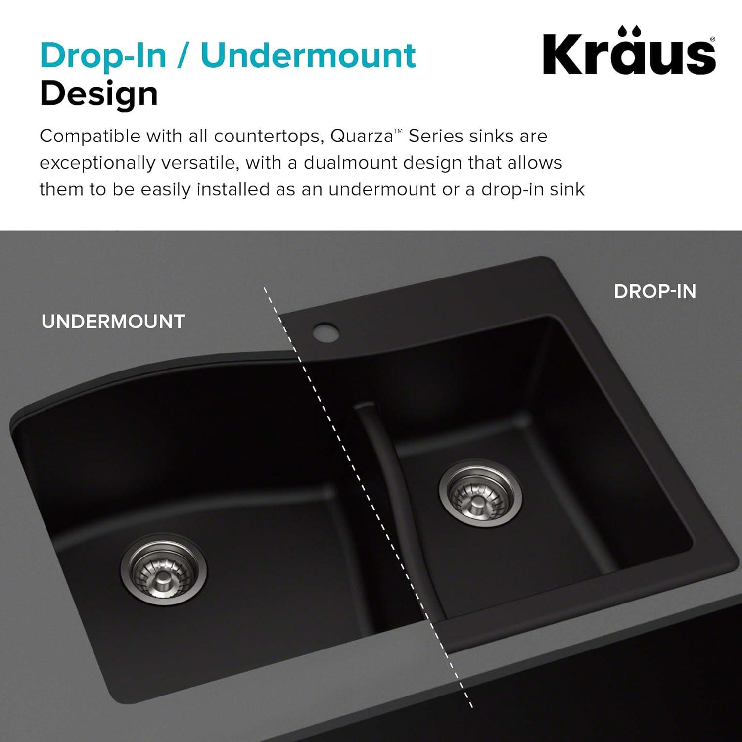Kraus KRAUS Quarza™ 33" L Dual Mount 60/40 Double Bowl Granite Kitchen Sink and Strainers KGD-442WHITE-PST1-WH