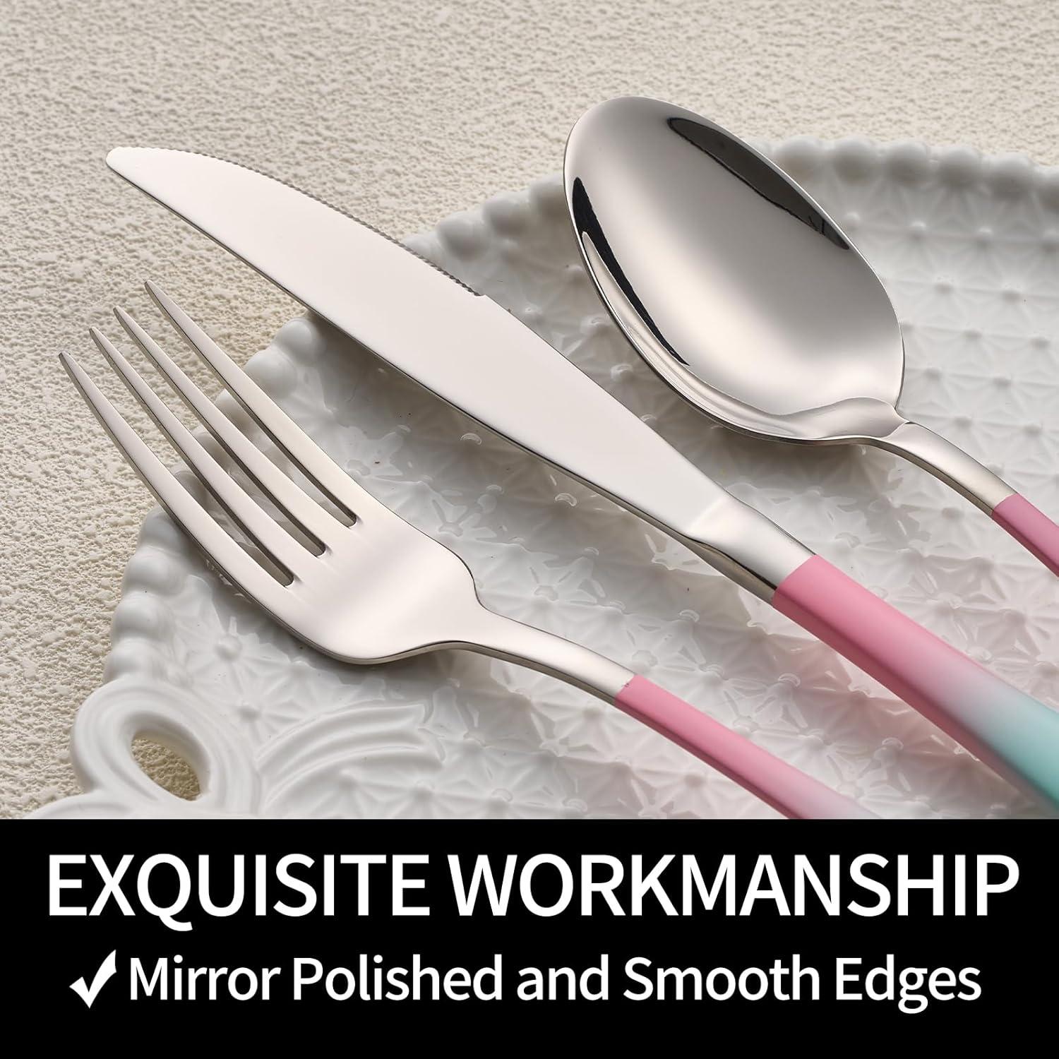 20-Pieces color Silverware Sets for 4,Pink and Green Handle Stainless Steel Cutlery Set, Include Forks Spoons and Knives Set, Dishwasher Safe Utensil Sets for Home Restaurant