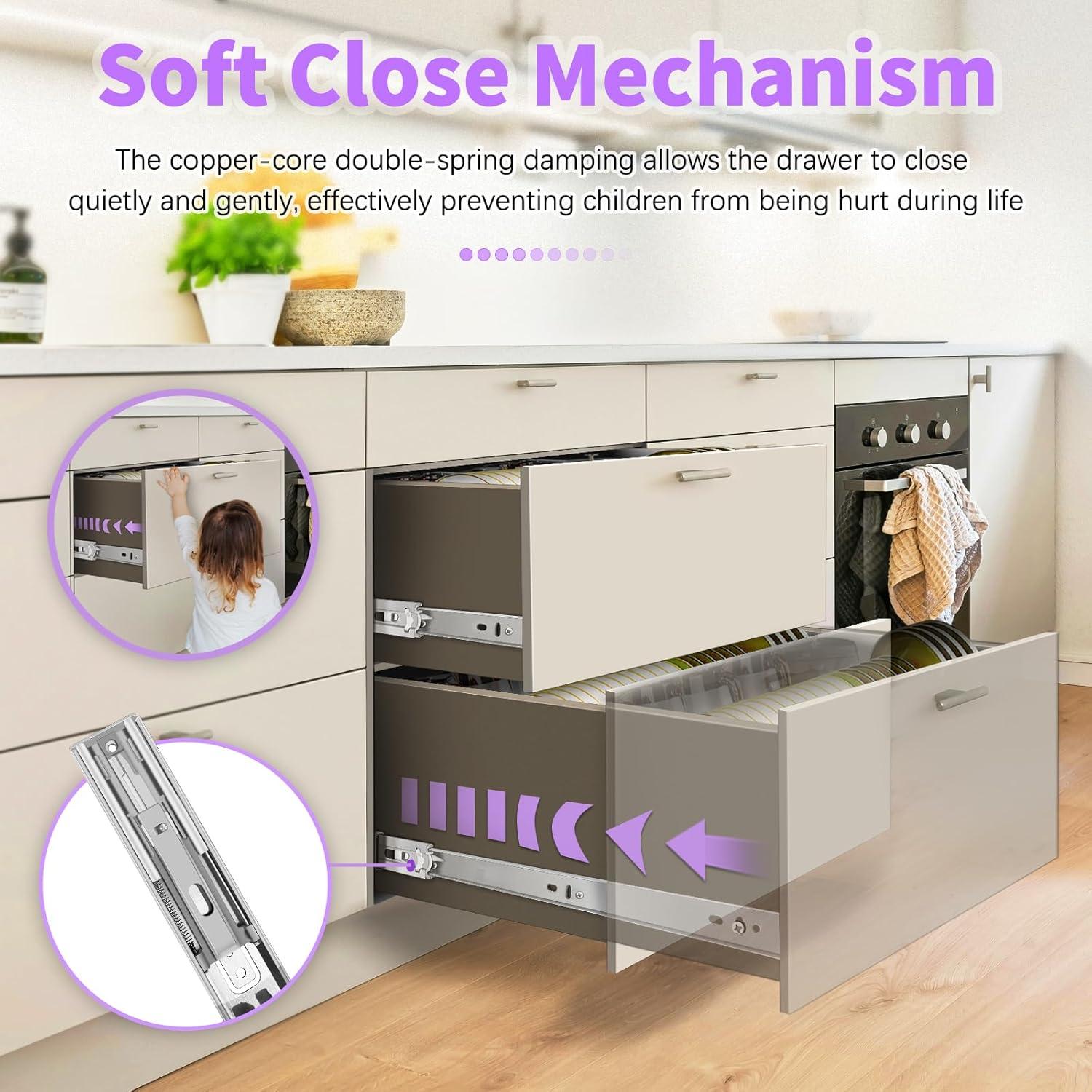 1 Pair Soft Close Stainless Steel Full Extension Drawer Hardware Slides 100 lb Load Capacity Side Mount Ball Bearing Self Close Kitchen Cabinet Rails Dresser Runners(Sliver,14 inch)