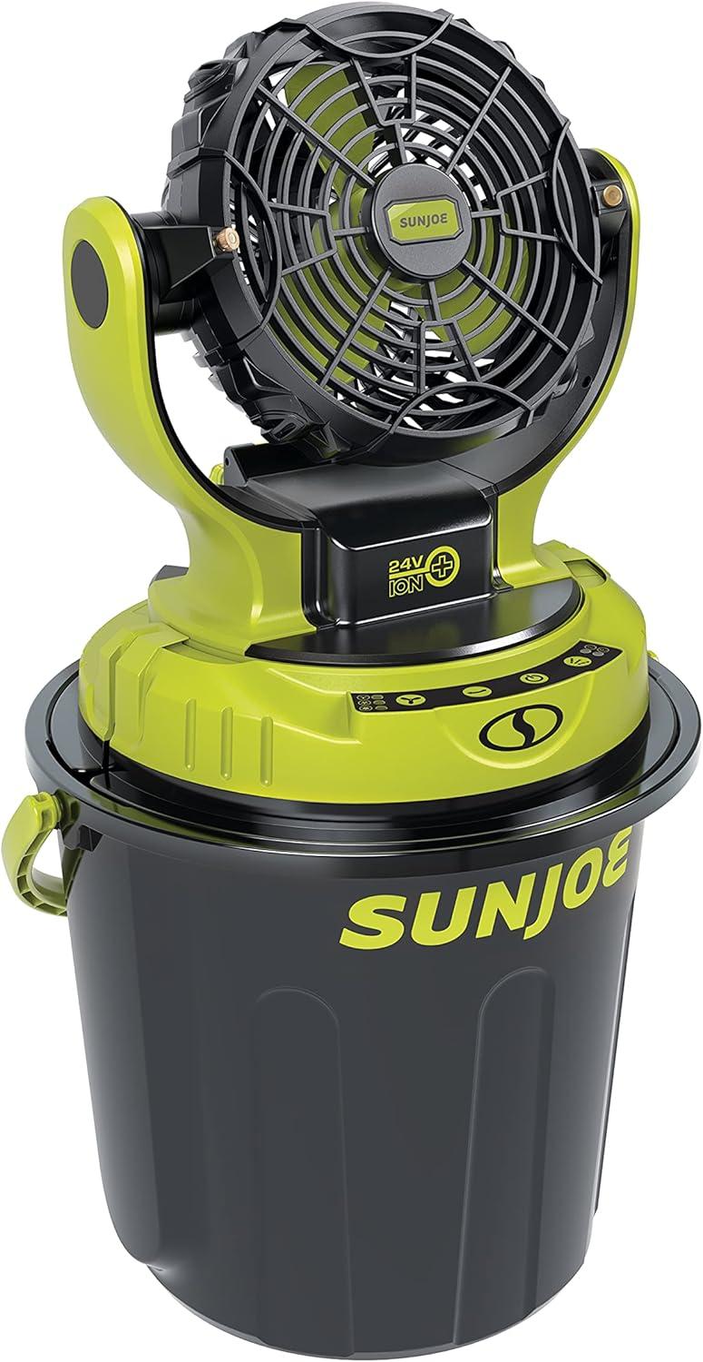 Sun Joe 24 Volt IONMAX Cordless Misting Fan Kit, Indoor or Outdoor, with 6 Gallon Portable Bucket, 60 Square Foot Coverage, 2.0-AH Battery and