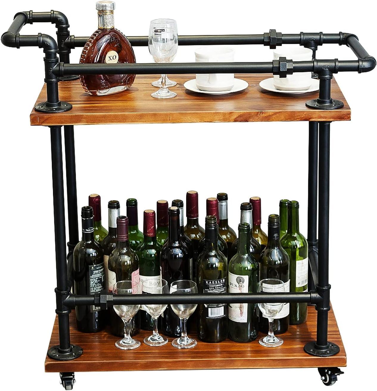 Industrial Bar Carts/Serving Carts/Kitchen Carts/Wine Rack Carts on Wheels with Storage - Industrial Rolling Carts - Wine Tea Liquor Shelves/Holder - Solid Wood and Metal Home Furniture