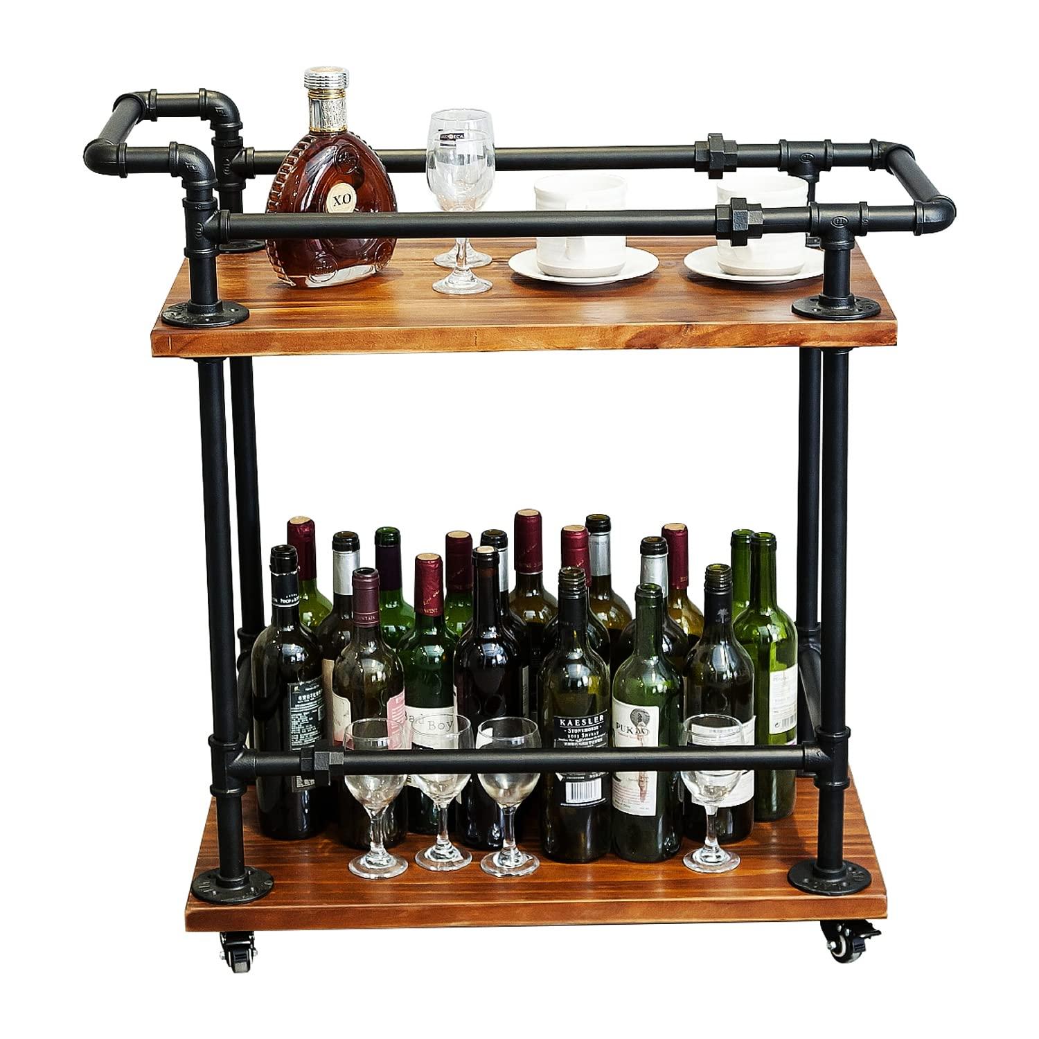 Industrial Bar Carts/Serving Carts/Kitchen Carts/Wine Rack Carts on Wheels with Storage - Industrial Rolling Carts - Wine Tea Liquor Shelves/Holder - Solid Wood and Metal Home Furniture