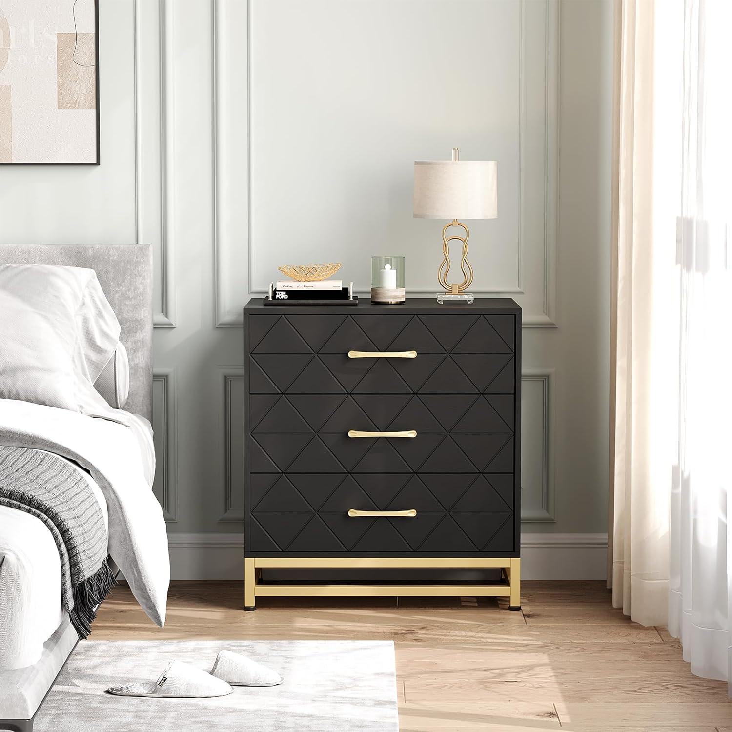 FOLDLIFE 3 Drawer Wood Dresser with Storage, Modern Chest of Drawers for Bedroom or Closet, Stylish Nightstand with Gold Handles