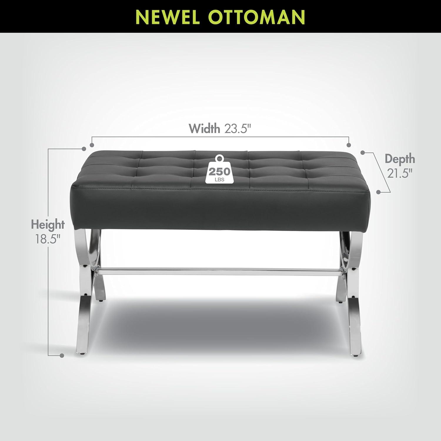 studio designs Newel Modern Square Ottoman Blended Leather and Chrome Metal Frame Chrome/Black: 18" High, Rectangular, Steel Base