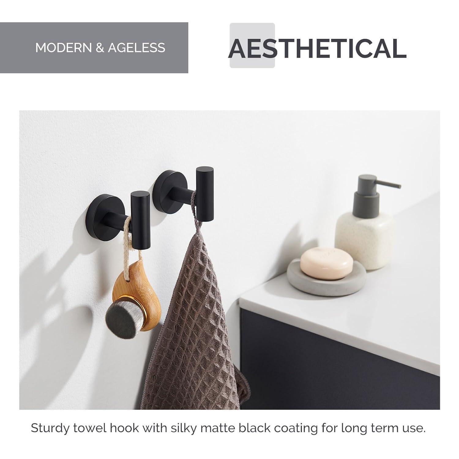 Angle Simple Matte Black Towel Hook 2 PCS, Stainless Steel Kitchen Bathroom Towel Holder, Round Coat Robe Hanger for Wall