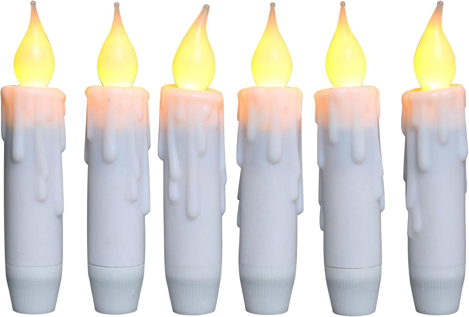 CVHOMEDECO. Flickering Taper Candles LED Drip Flameless Candles, Battery Operated with Timer, White, 4-3/4 Inch, Set of 6