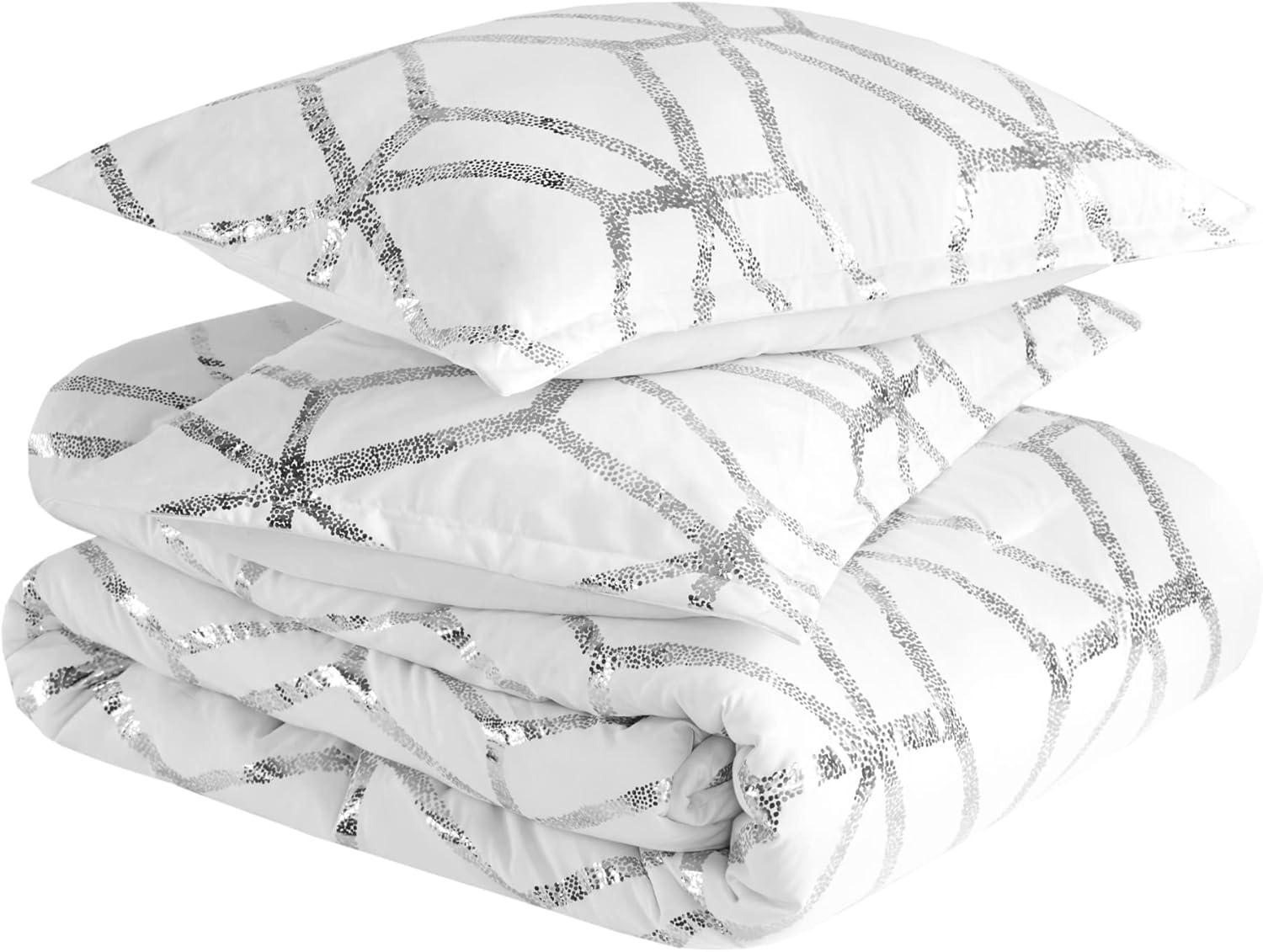 Comfort Spaces Twin/Twin XL Size Comforter Sets, 3-Piece Bedding Set for All Season, White and Silver Comforter Bed Set for College Dorm, Geometric Metallic