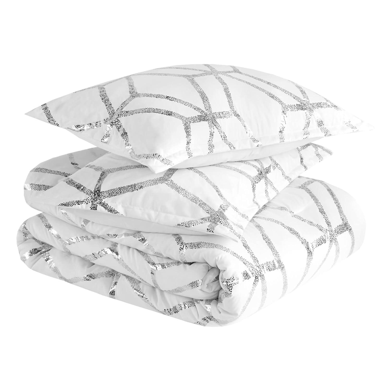 Comfort Spaces Twin/Twin XL Size Comforter Sets, 3-Piece Bedding Set for All Season, White and Silver Comforter Bed Set for College Dorm, Geometric Metallic