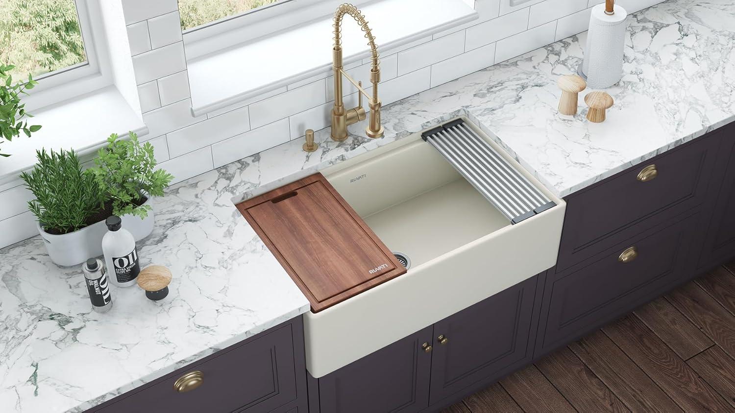 Ruvati 33 inch Fireclay Workstation Farmhouse Kitchen Sink Apron Front Single Bowl