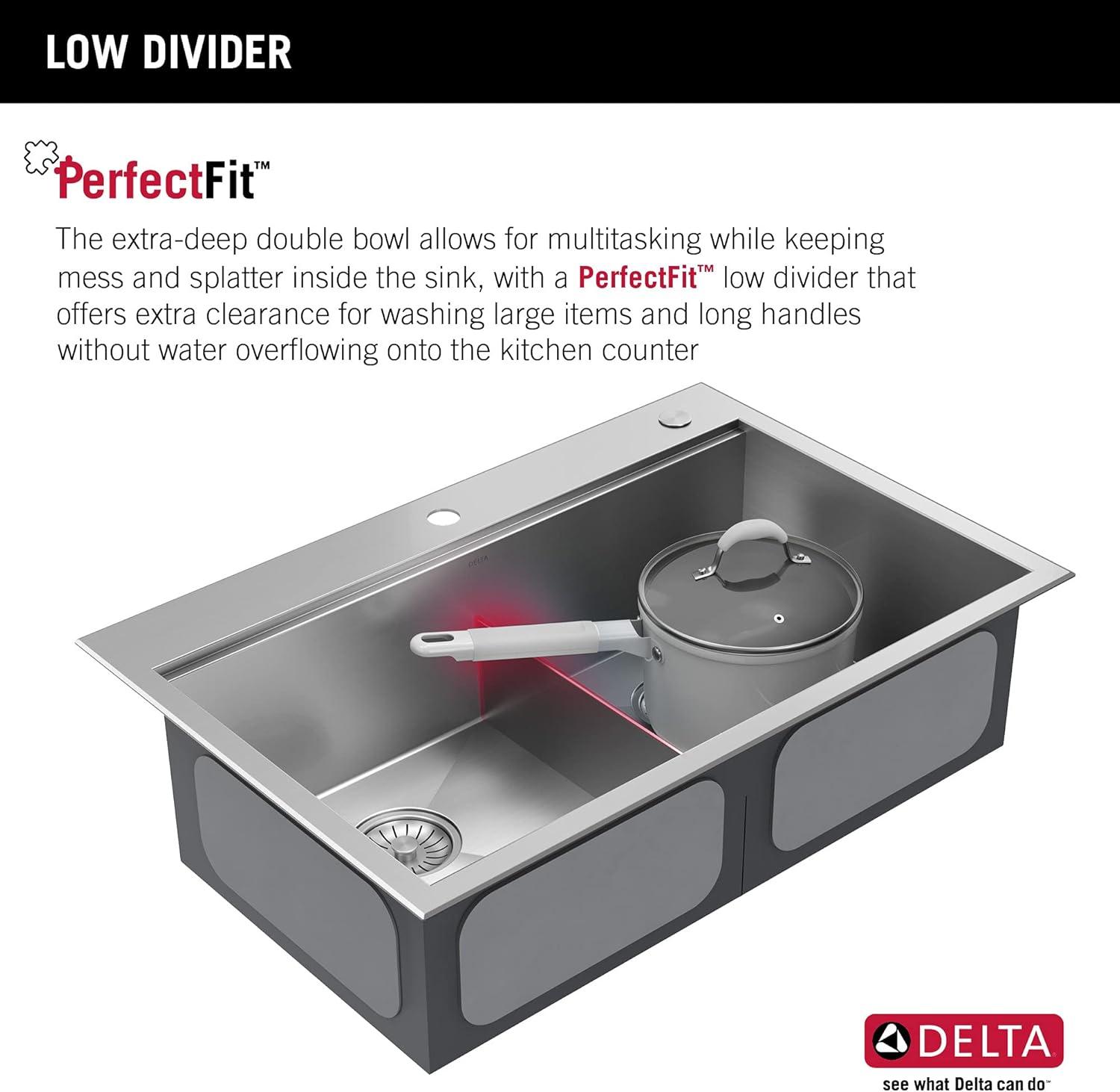 Delta Rivet™ 33" L Workstation Kitchen Sink Drop-In Top Mount 16 Gauge Stainless Steel 50/50 Double Bowl