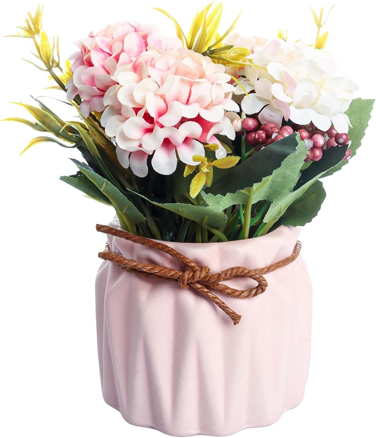 Artificial potted flowers, small ceramic vases fake flower plants for home and office interior tabletop decoration, artificial flower hydrangeas - Pink