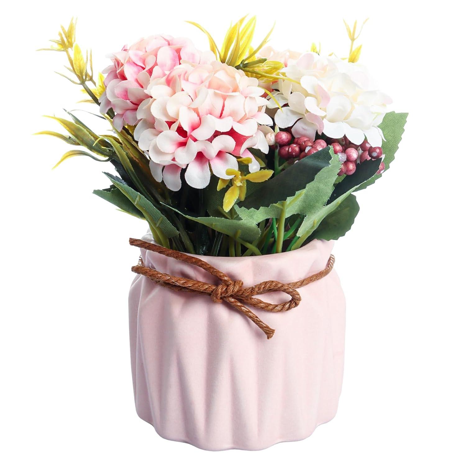 Artificial potted flowers, small ceramic vases fake flower plants for home and office interior tabletop decoration, artificial flower hydrangeas - Pink
