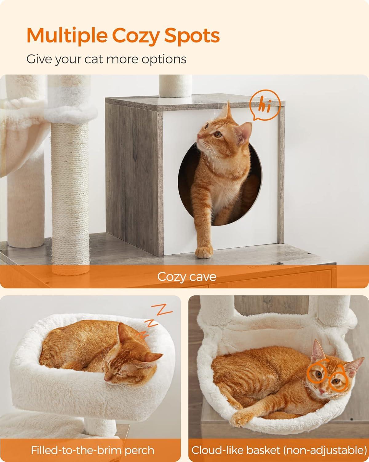 Feandrea Cat Tree with Litter Box Enclosure, 2-in-1 Modern Cat Tower, 55.1-Inch Cat Condo with Scratching Posts, Removable Pompom Sticks, Greige UPCT113G01