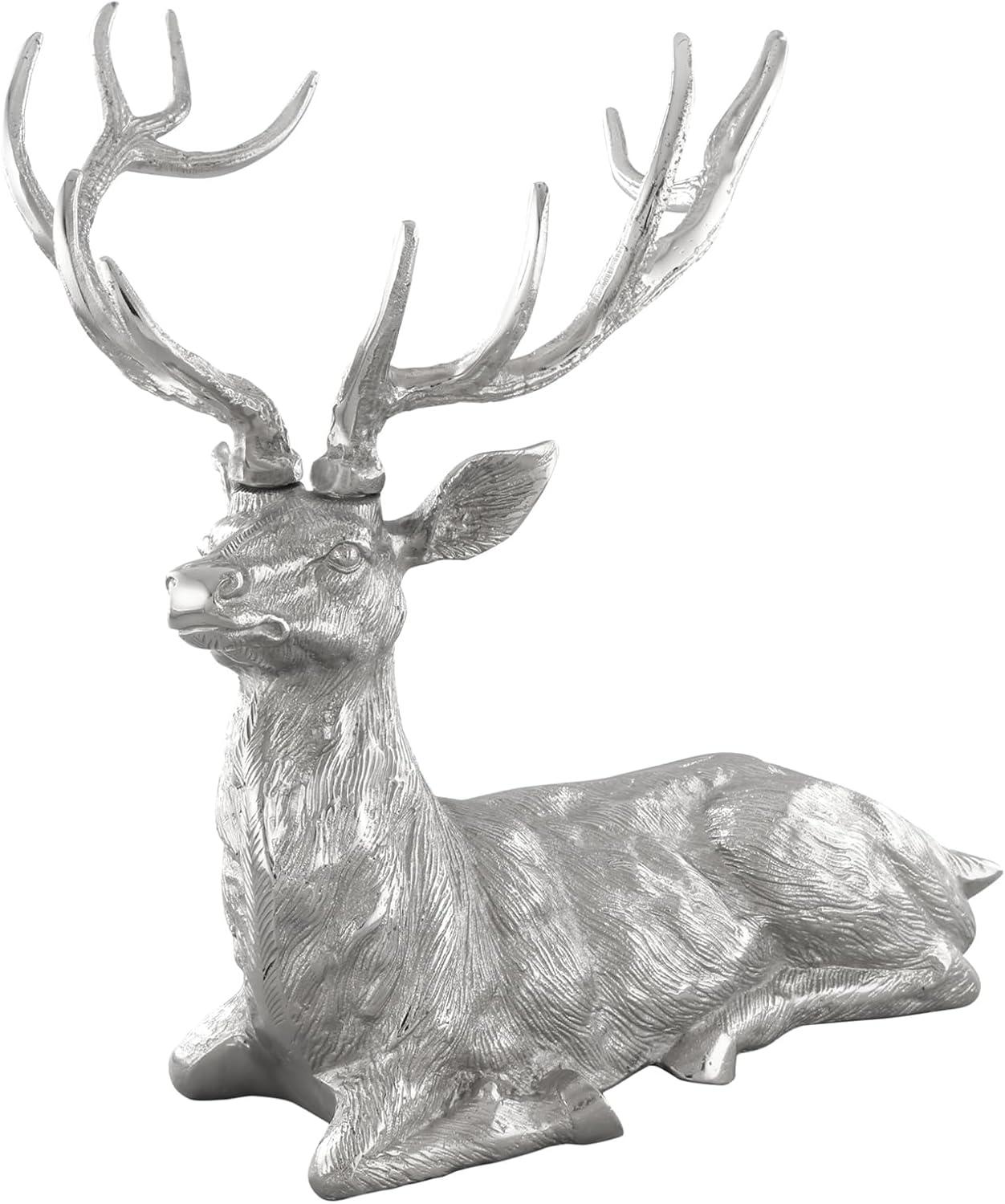 Canddidliike Versatile Deer Sculpture with Natural Antlers and Lush Deer Hair, Standing Reindeer Statue Aluminum Deer Sculpture, Aluminum Deer Sculpture for Indoors Christmas Decor, Silver