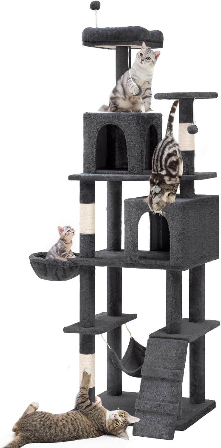 YITAHOME 75in Cat Tree Tower for Indoor Cats, Multi-Level Cat Furniture with Scratching Posts, Cat Caves, Padded Perch, Cozy Hammock, Ladder, and Plush Balls for Kittens, Pet Play House Dark Gray