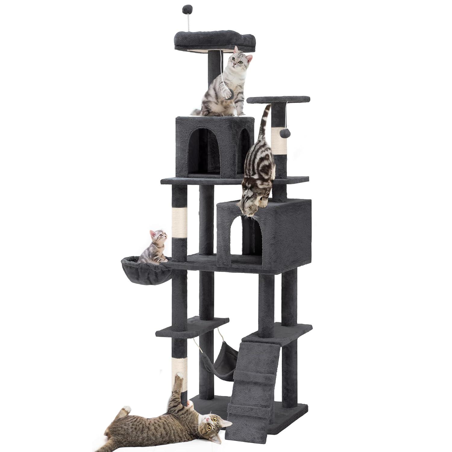YITAHOME 75in Cat Tree Tower for Indoor Cats, Multi-Level Cat Furniture with Scratching Posts, Cat Caves, Padded Perch, Cozy Hammock, Ladder, and Plush Balls for Kittens, Pet Play House Dark Gray