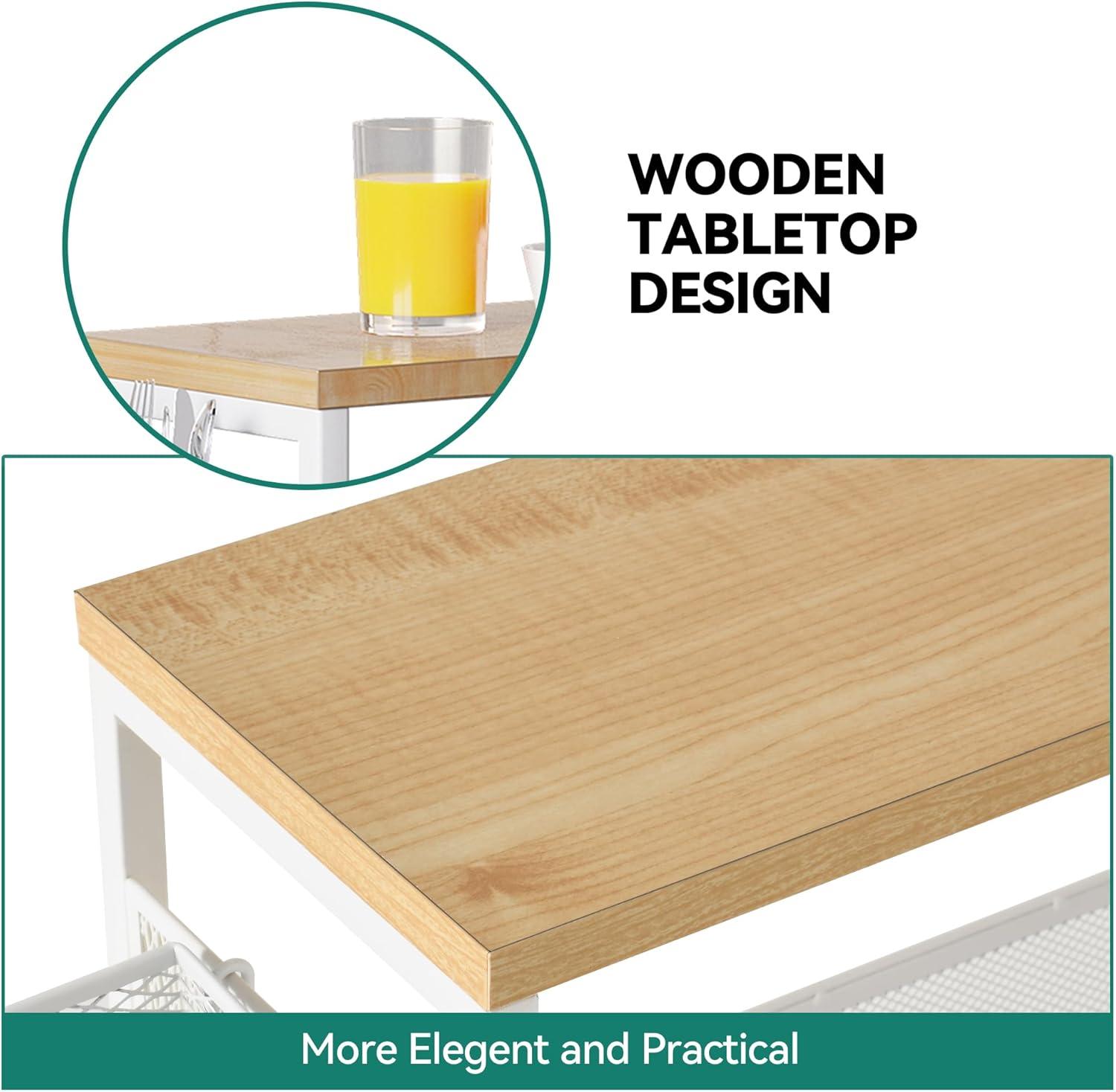 DWVO 4-Tier Slim Rolling Cart on Wheels, 34" Wooden Tabletop Kitchen Storage Organizer Cart with Wire Mesh Baskets, Slide-Out Storage Cart for Kitchen, Bathroom Living Room (White)