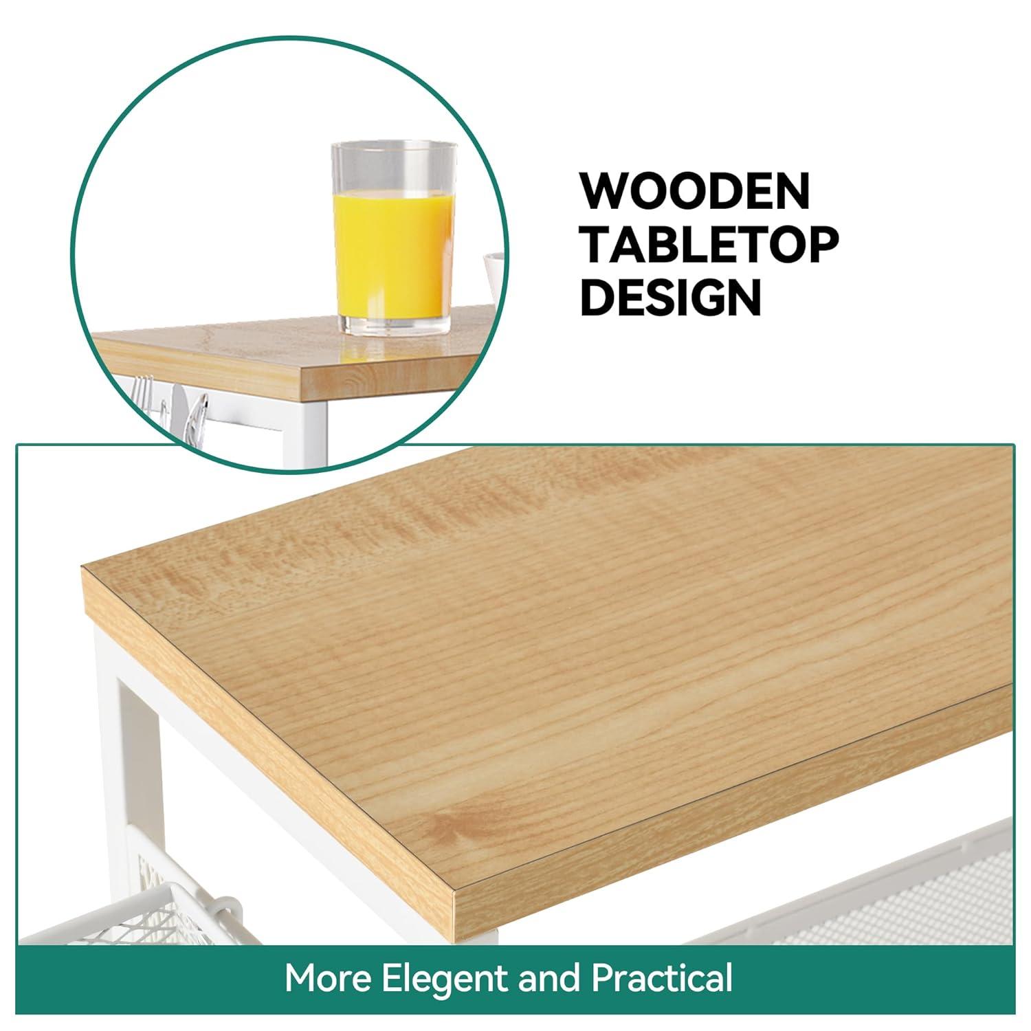 DWVO 4-Tier Slim Rolling Cart on Wheels, 34" Wooden Tabletop Kitchen Storage Organizer Cart with Wire Mesh Baskets, Slide-Out Storage Cart for Kitchen, Bathroom Living Room (White)