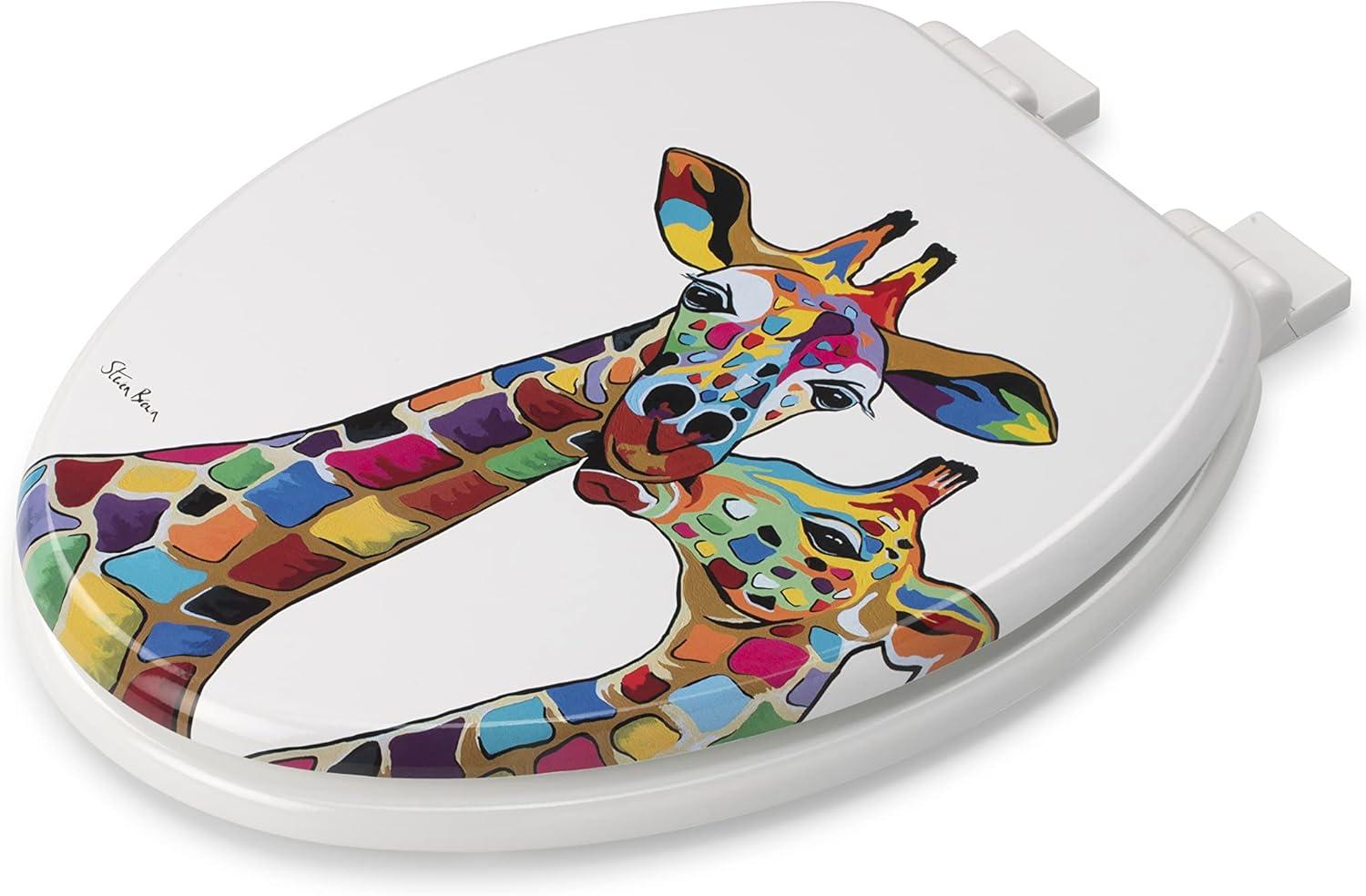 Croydex Steven Brown Artwork 19in Round Wood Toilet Seat, Colorful Giraffes Design