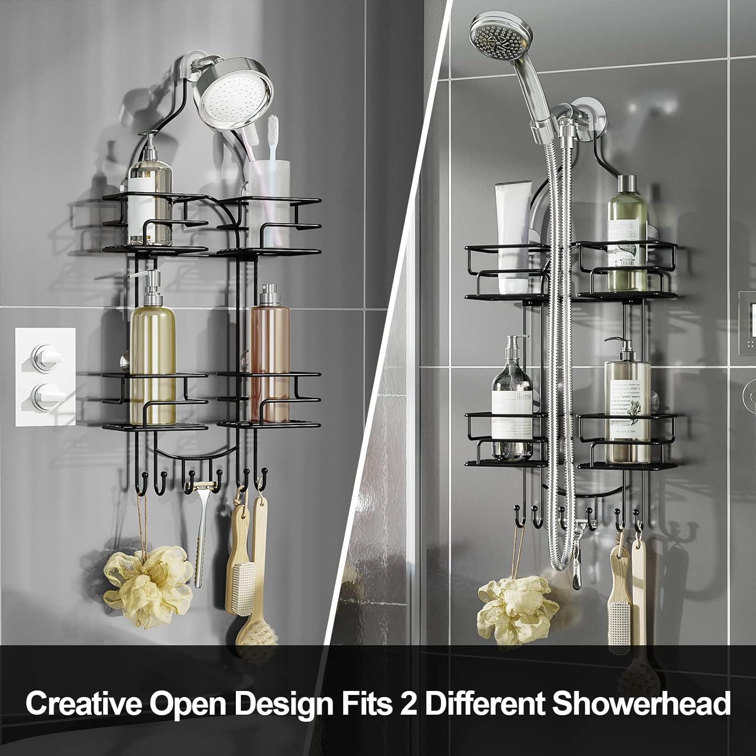 Black Metal Suction Mount Shower Caddy with Hooks