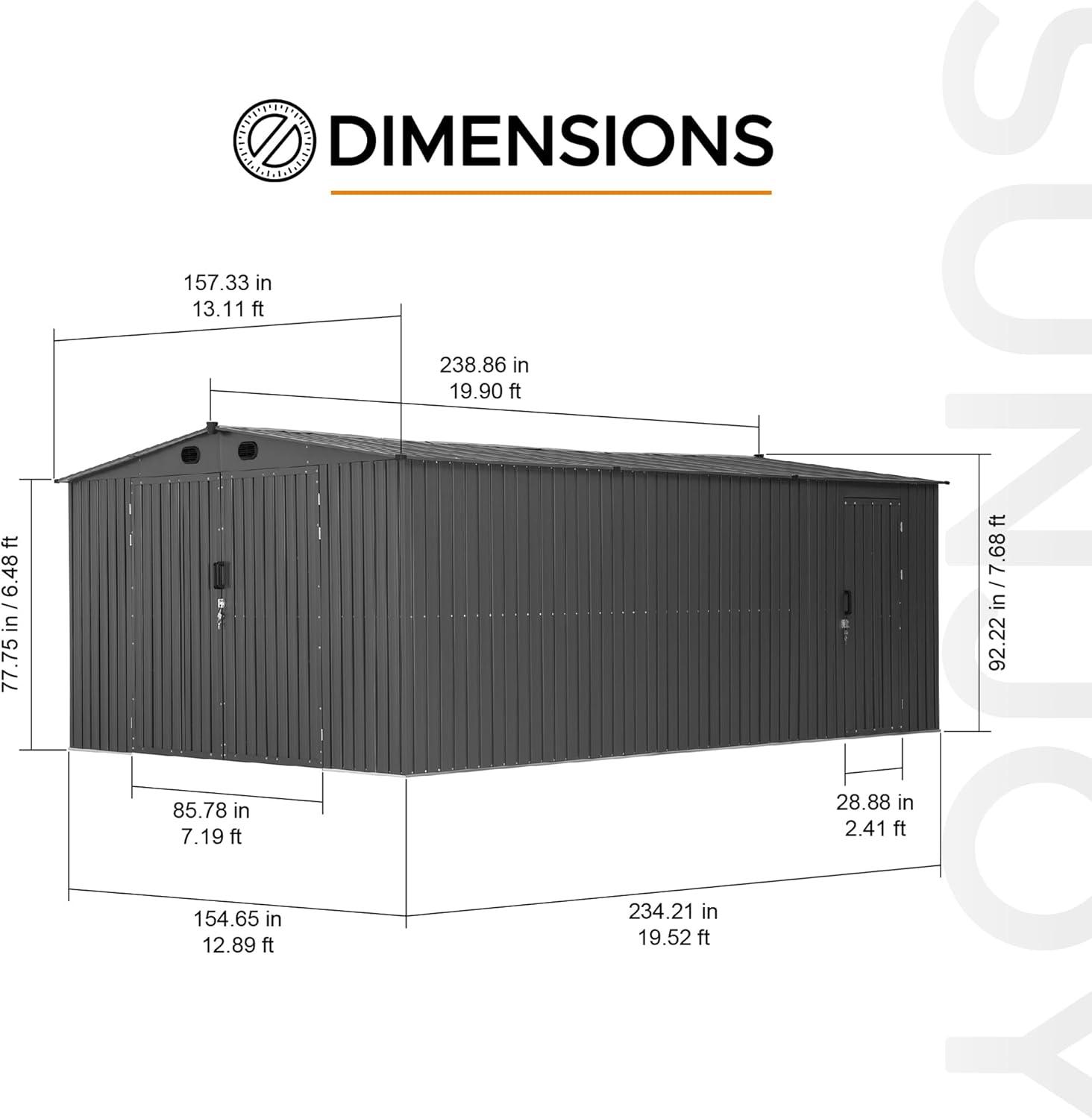 Sunjoy Sunjoy Outdoor Storage Shed 13 x 20 ft. Carport, Patio Metal Utility Large Storage Shed Garage with 2 Doors and 4 Vents, for Car, Truck, Bike, Garbage Can, Tool, Lawnmower