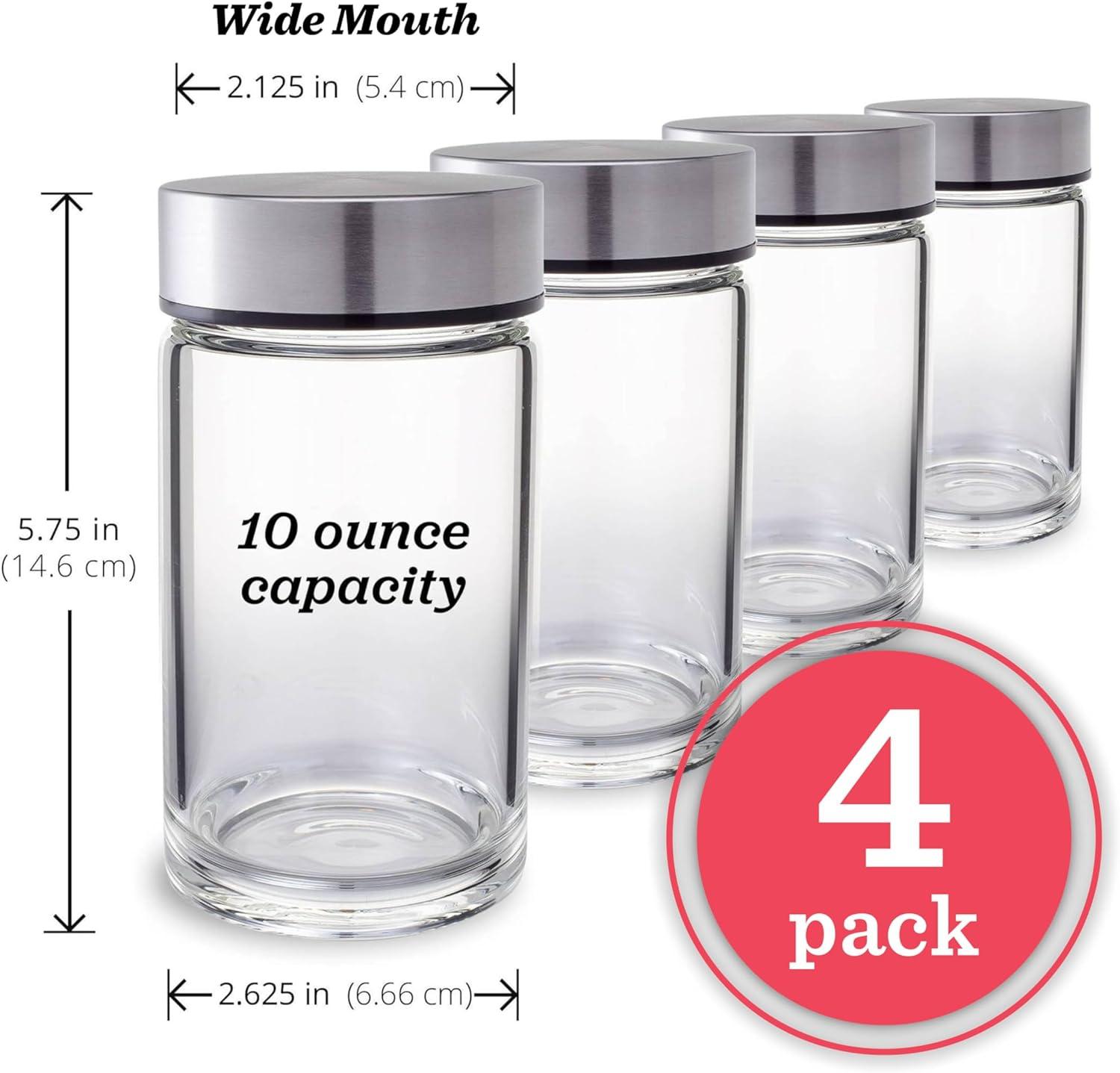 shuoli 4 Pack Wide Mouth Glass Bottles With Lids For Juicing, Smoothies, Infused Water, Beverage Storage - 10Oz, BPA Free, Stainless Steel Lids, Leakproof, Reusable, Borosilicate