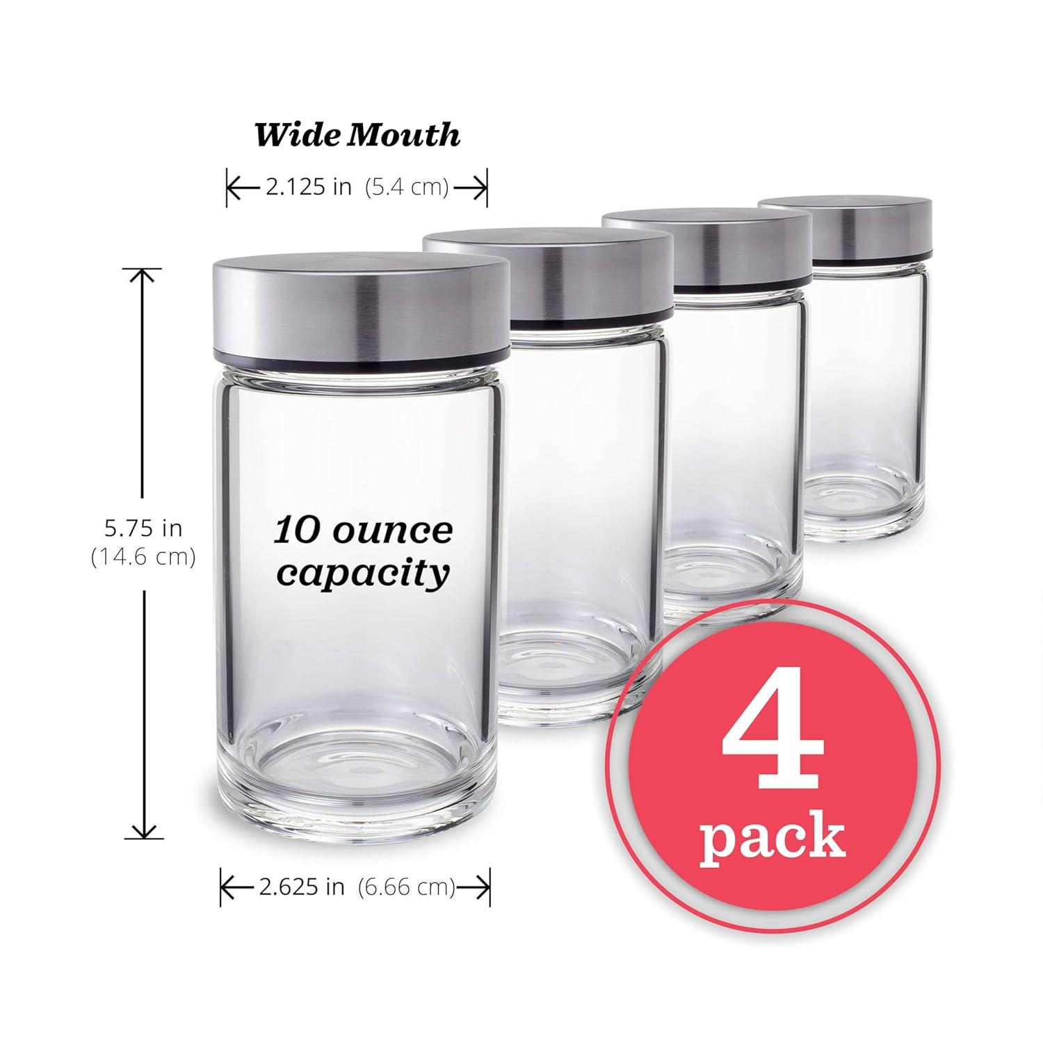 shuoli 4 Pack Wide Mouth Glass Bottles With Lids For Juicing, Smoothies, Infused Water, Beverage Storage - 10Oz, BPA Free, Stainless Steel Lids, Leakproof, Reusable, Borosilicate