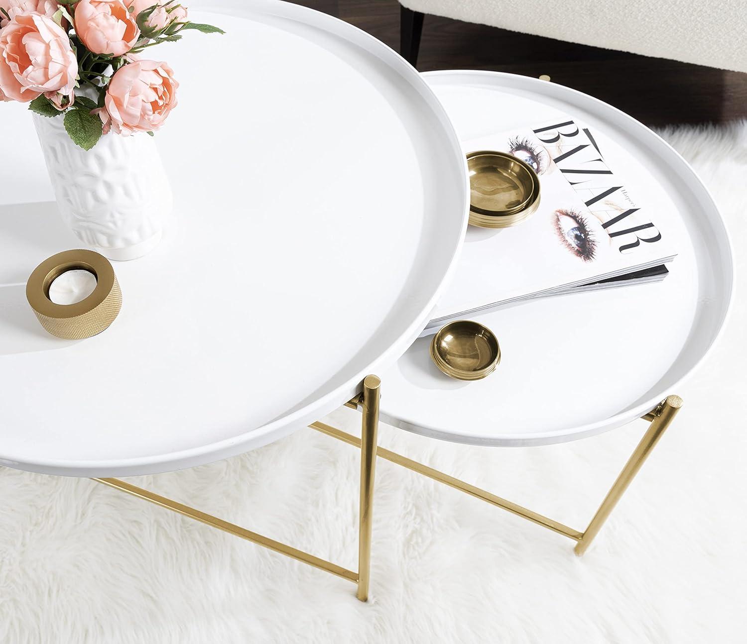 Kate and Laurel Ulani Round Metal Nesting Table, 2 Piece, White and Gold