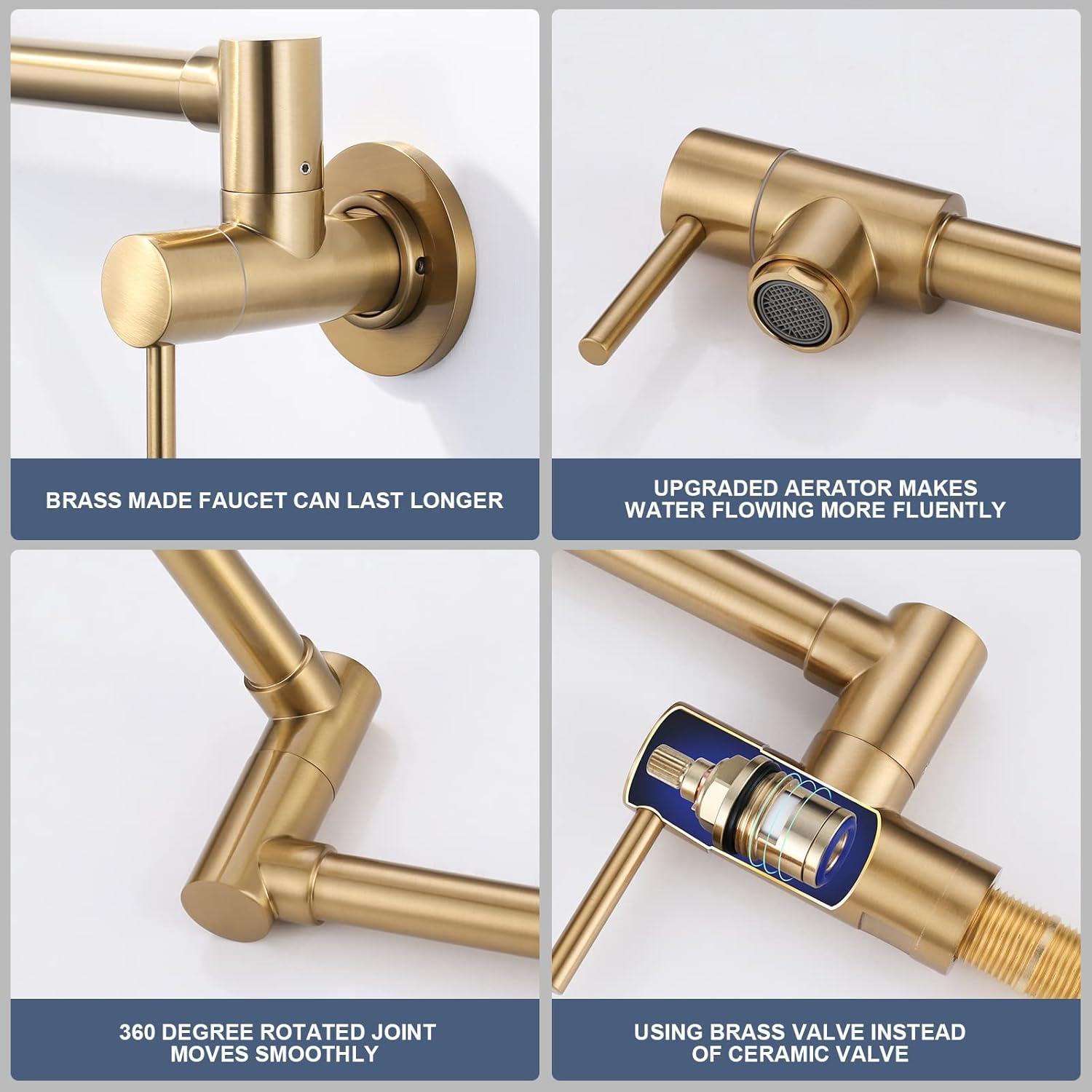 Brushed Gold Wall Mount Double Handle Pot Filler Faucet