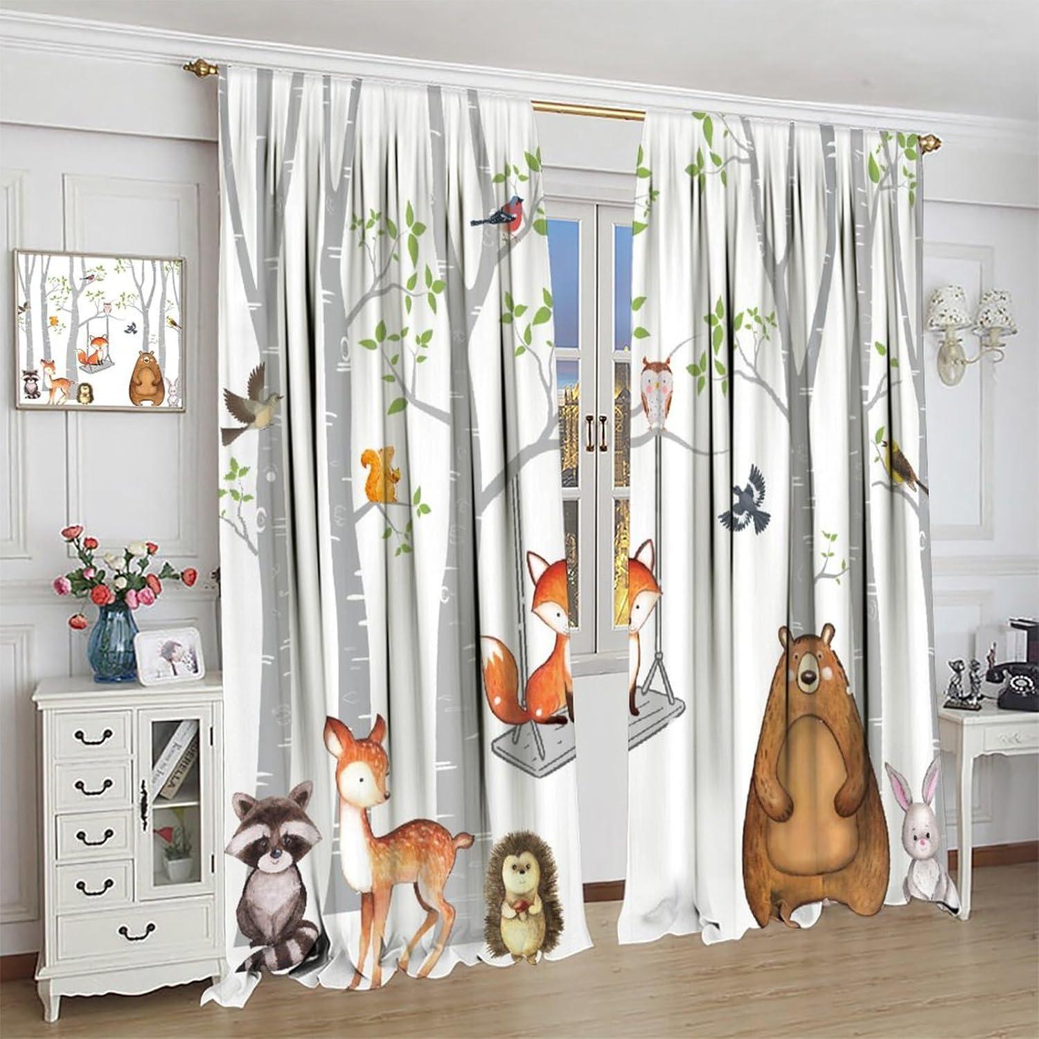 Woodland Kids Curtains, Rustic Vintage Forest Window Drapes Farnhouse Cabin Funny Animals Window Treatments for Boys Girls Bedroom Living Room, 42x45in （No Blackout）