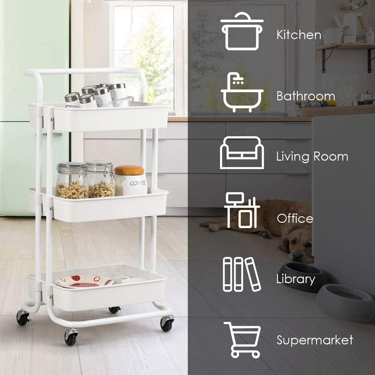 Topcobe 3-Tier Utility Cart Storage Rolling Cart with Casters, Portable Kitchen Island, Kitchen Carts on Wheels, White