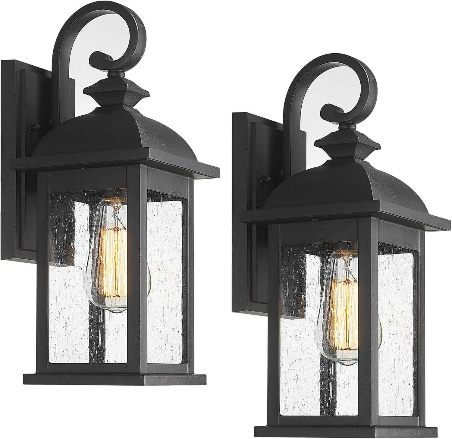 Matte Black Outdoor Wall Sconce with Seeded Glass Shade, Set of 2